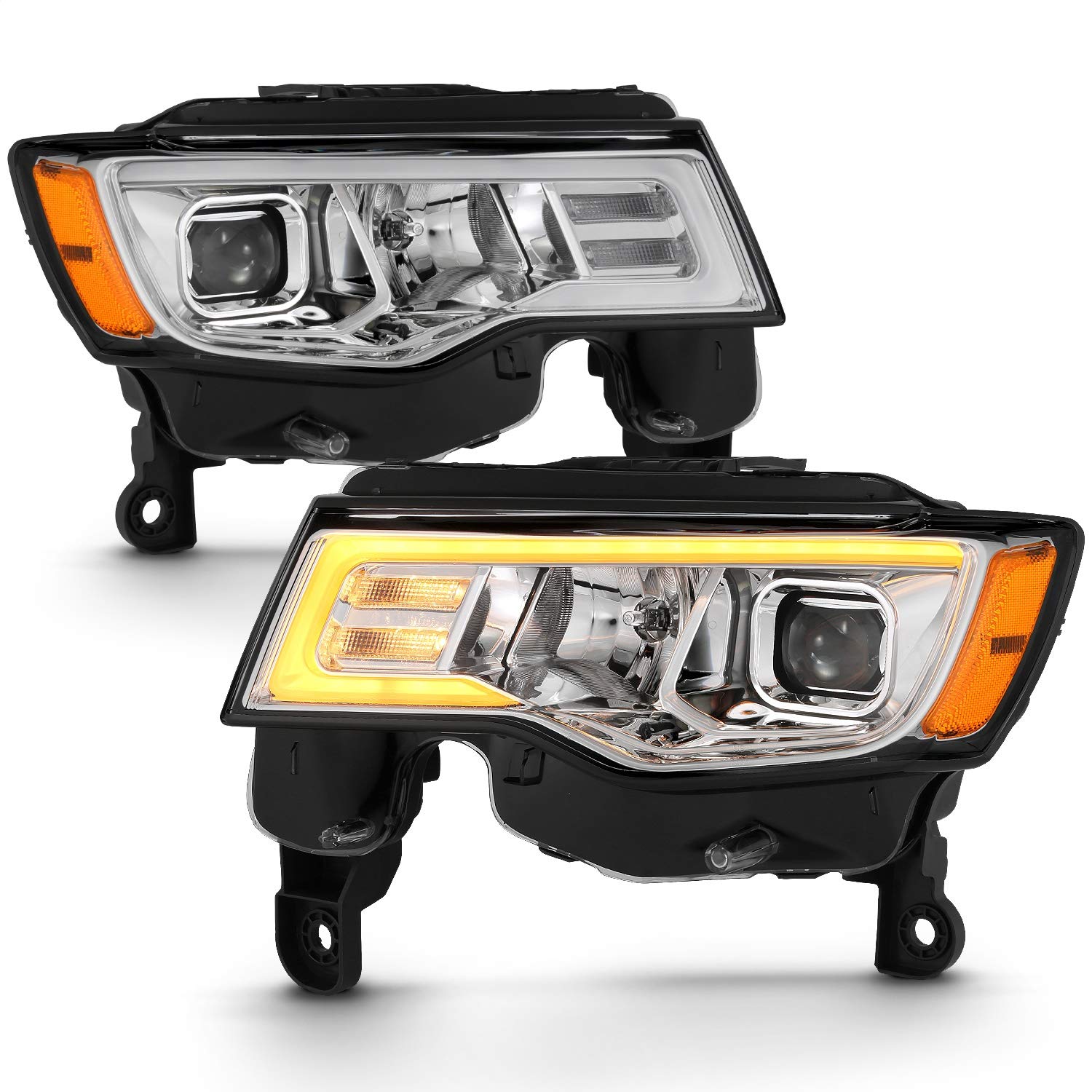 2017-2018 Jeep Grand Cherokee ANZO (111419) Projector Headlights w/Plank Style Switchback - Chrome w/Amber