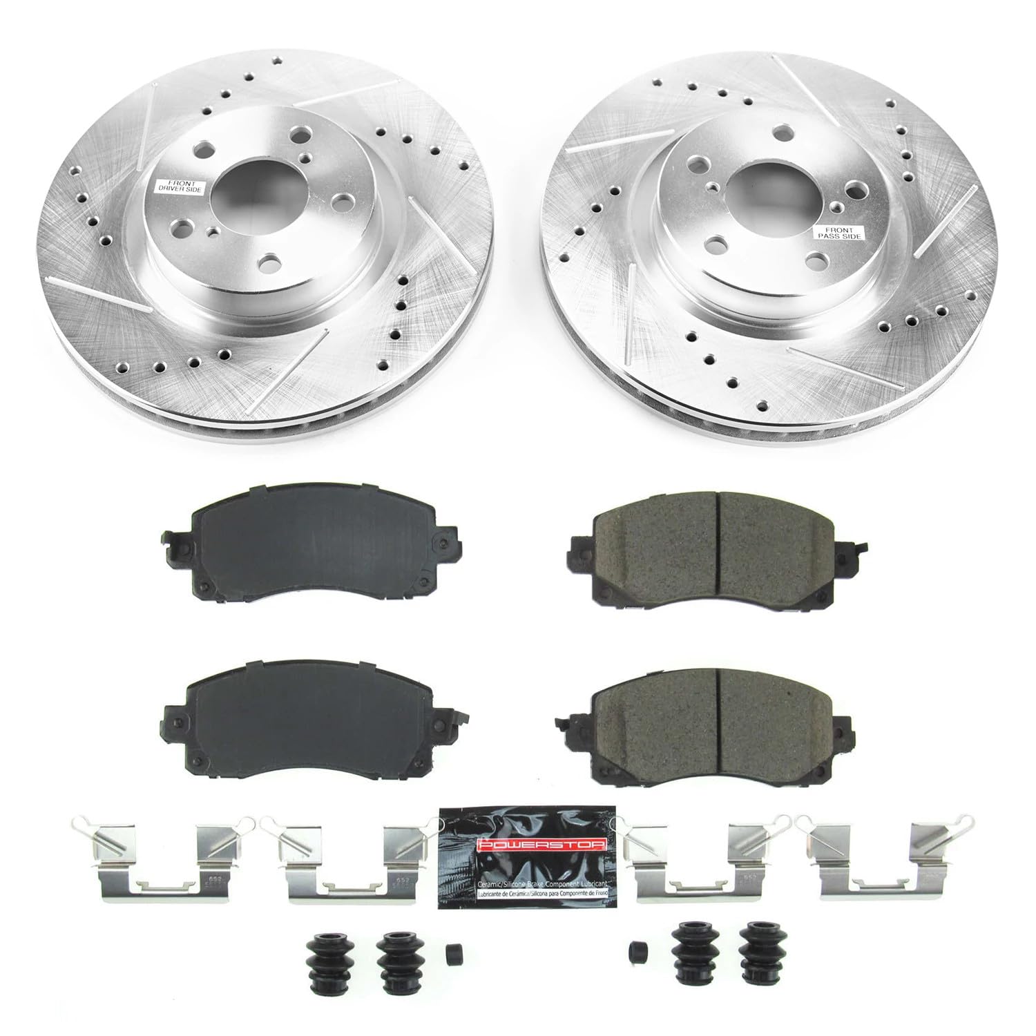 Power Stop K7891 Z23 Carbon Fiber Brake Pads Front with Drilled & Slotted Brake Rotors Kit For Subaru Impreza 2017-2022 [Model Specific]