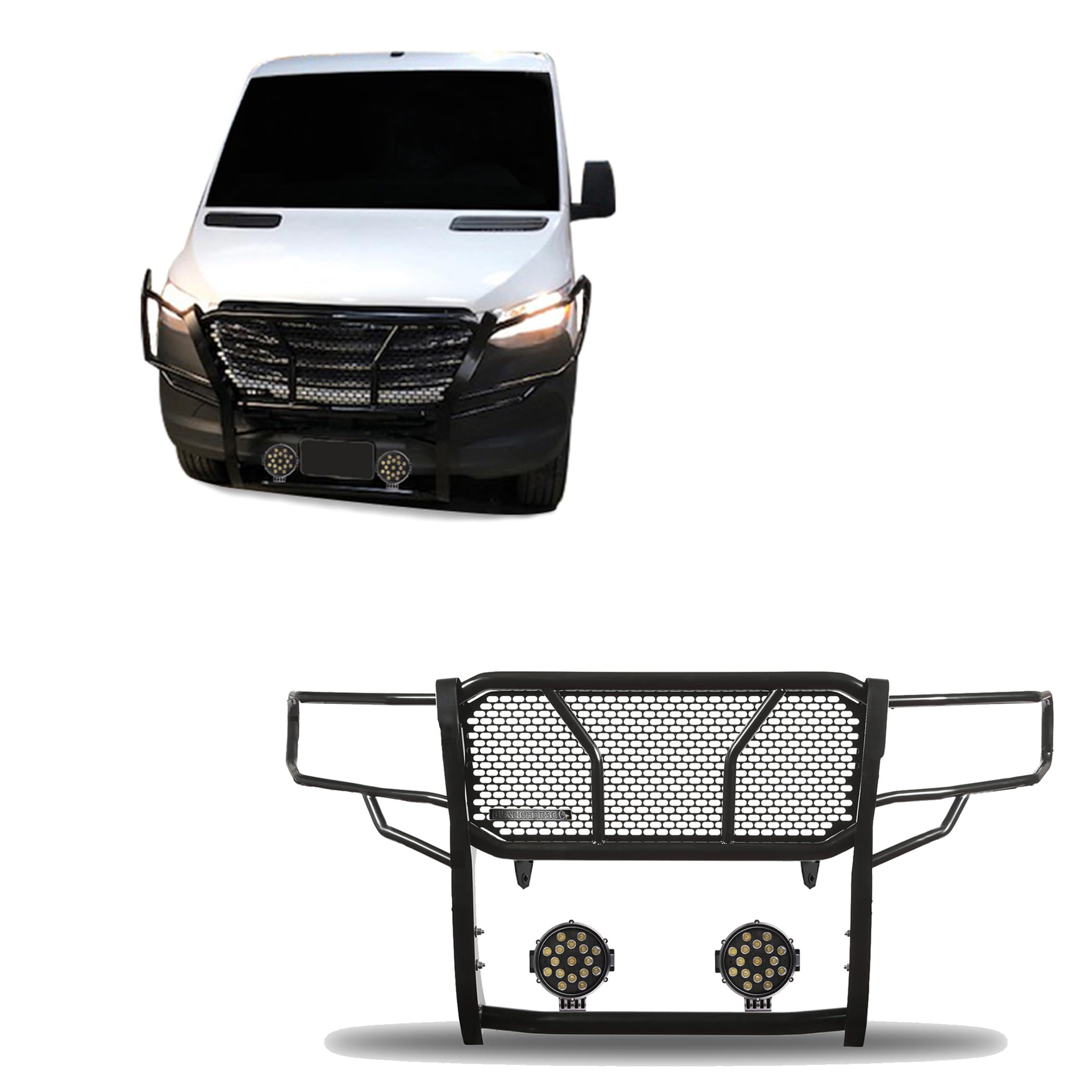 RUGGED HD Black Horse Grille Brush Bumper Guard Modular Black Come With pair of 7.0"LED Lights Compatible with 2007-2009 Dodge sprinter 2500/3500|07-16 Freightliner sprinter 2500/3500-RU-DOSP07-B-PLB