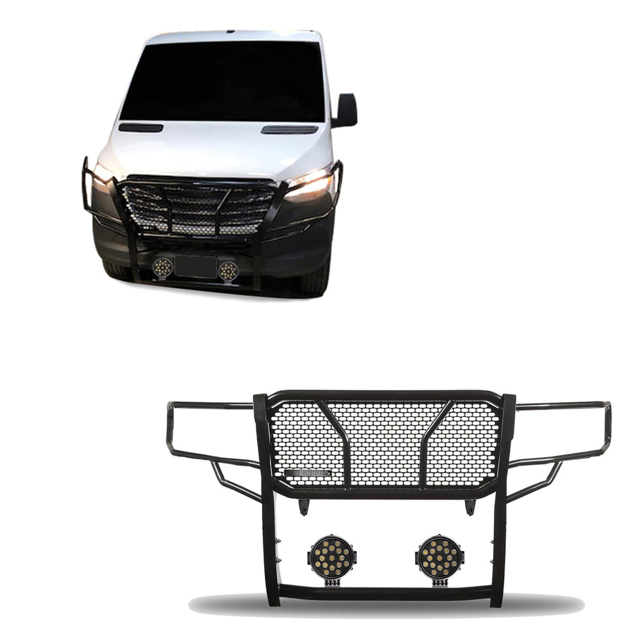 RUGGED HD Black Horse Grille Brush Bumper Guard Modular Black Come With pair of 7.0"LED Lights Compatible with 2007-2009 Dodge sprinter 2500/3500|07-16 Freightliner sprinter 2500/3500-RU-DOSP07-B-PLB