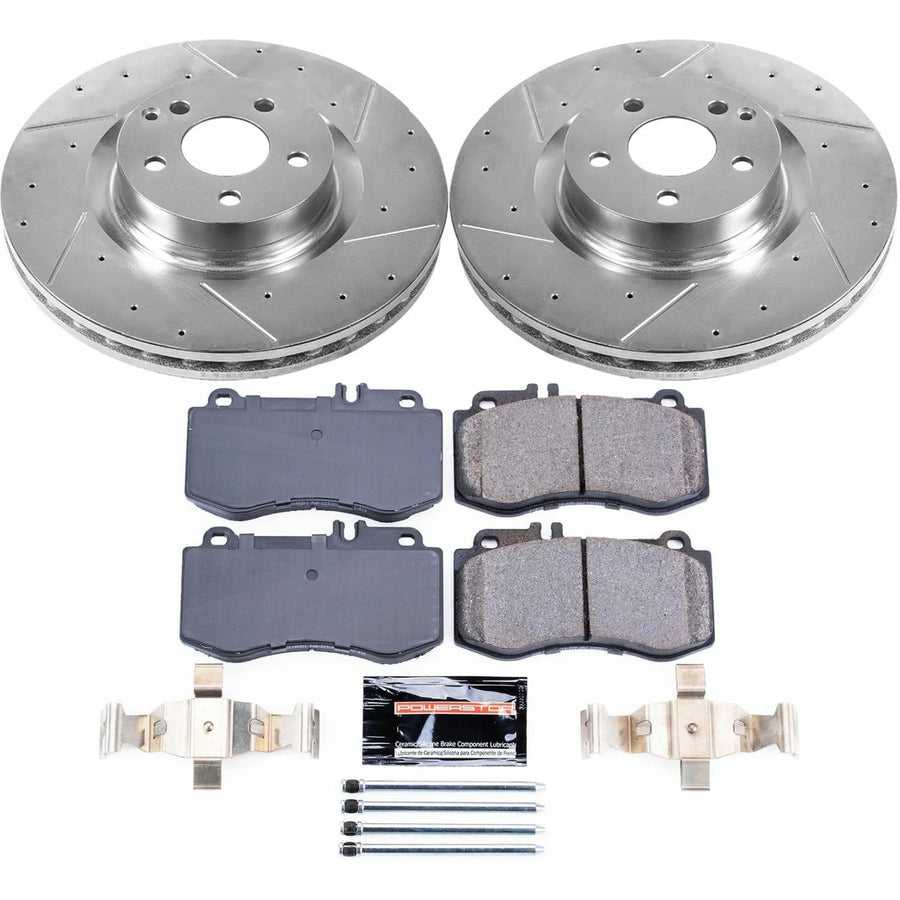 Power Stop K6640 Front Brake Pads Z23 Carbon Fiber with Drilled & Slotted Brake Rotors Kit and 1 Front Sensor Wire For Mercedes-Benz E550 2010-2011 [Model Specific]