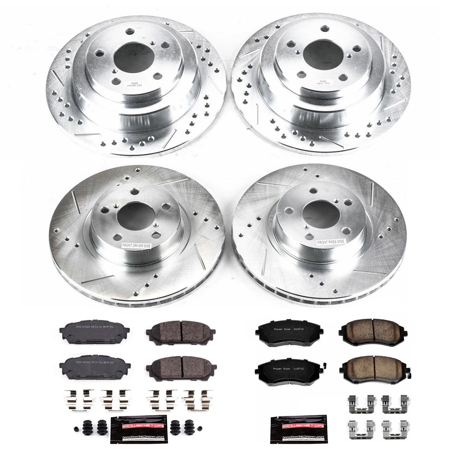 Power Stop K1127 Z23 Carbon Fiber Brake Pads Front and Rear with Drilled & Slotted Brake Rotors Kit For Saab 9-2X 2005-2006, Subaru Impreza 2003-2007 [Model Specific]