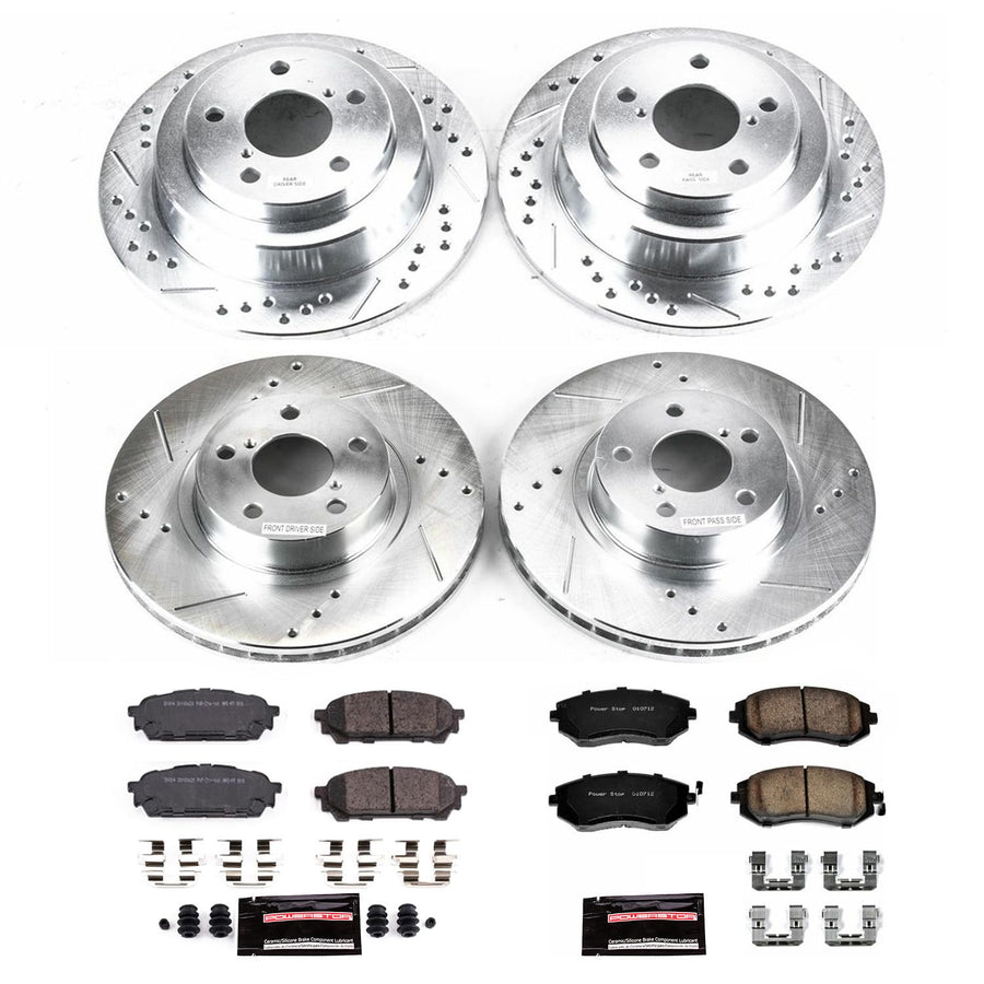 Power Stop K1127 Z23 Carbon Fiber Brake Pads Front and Rear with Drilled & Slotted Brake Rotors Kit For Saab 9-2X 2005-2006, Subaru Impreza 2003-2007 [Model Specific]
