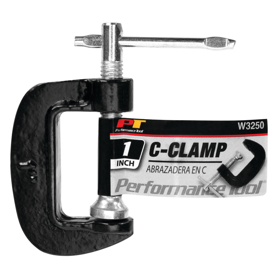 Heavy Duty Performance Tool W3250 1-Inch Cast Iron C-Clamp with Chrome Plated Steel Screw and 1-Inch Throat Depth - Industrial Grade Clamping