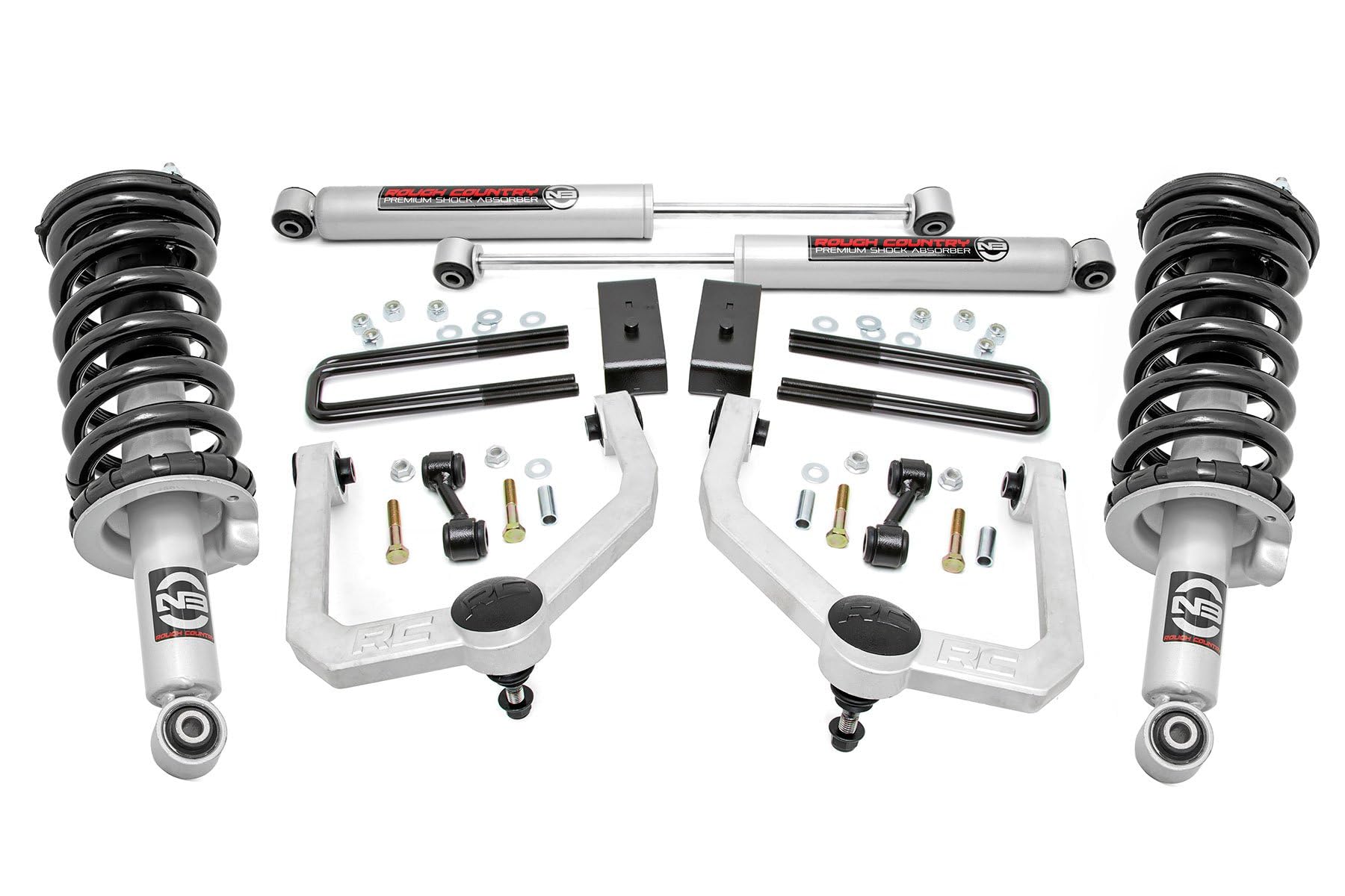 3" Rough Country Suspension Lift Kit for Nissan Titan 4WD (2017-2023) - N3 Struts & N3 Rear Shocks, Silver Control Arms