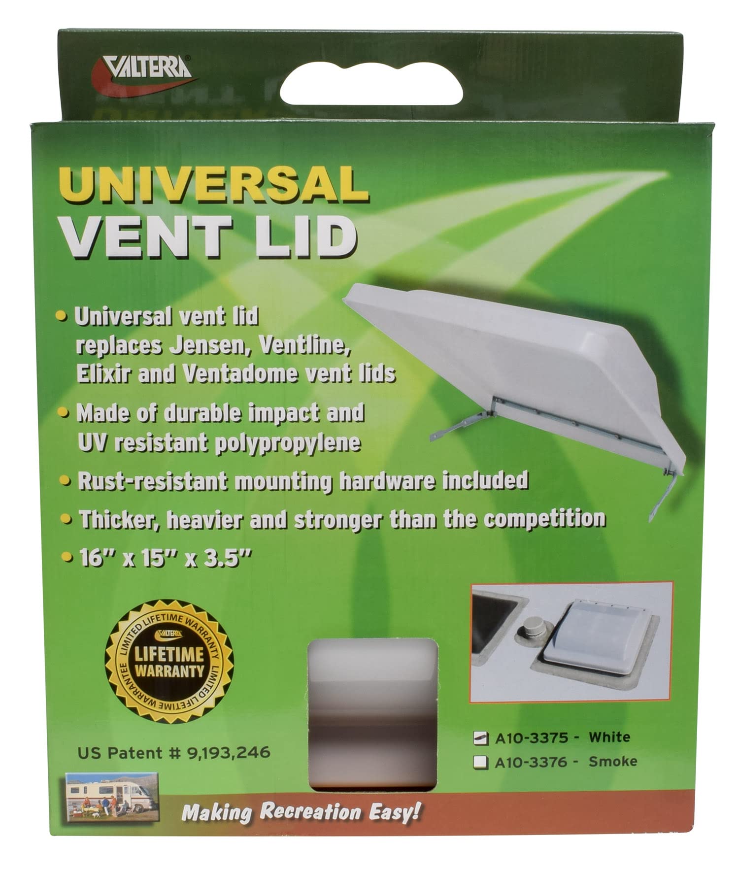 A10-3375 Valterra Vent Lid (Universal, 16" x 15" x 3.5", White),1 Pack
