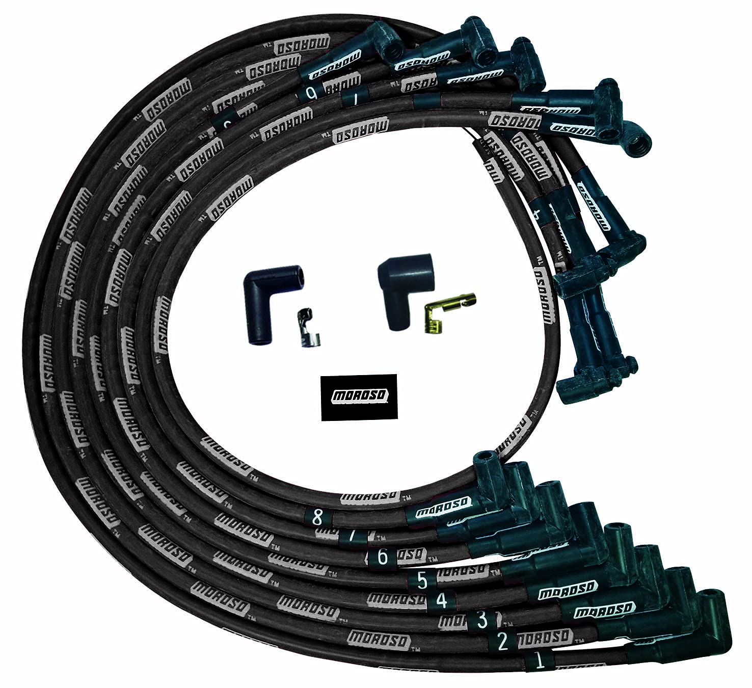 Moroso Ultra Series 51528 Black Sleeved Spark Plug Wires, Small Block Chevy, Under Header Routing, 90 Degree Plug Ends, HEI Distributor