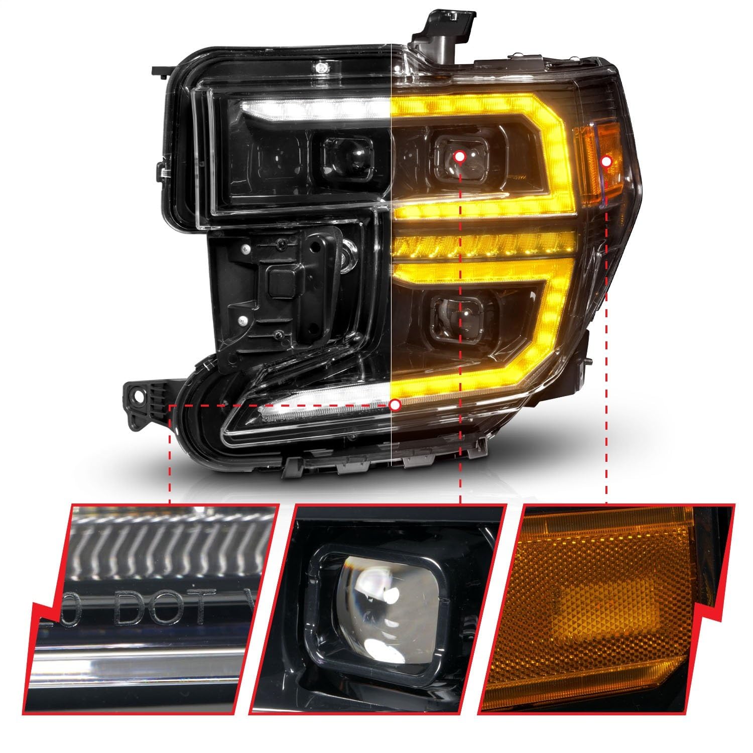 GMC Sierra 1500 Anzo 19-21 LED Projector Headlight w/Switchback+Sequential - Black