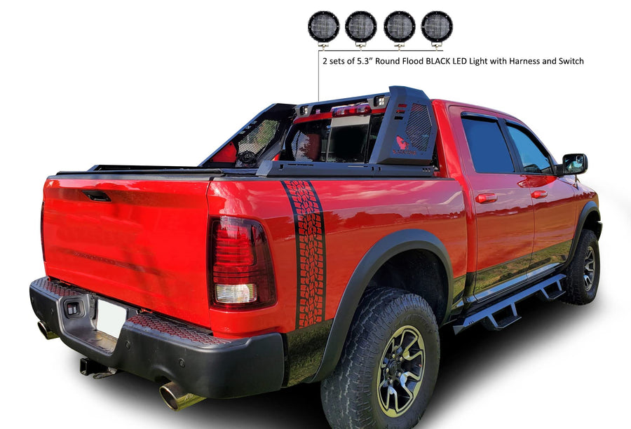 Vigor Roll Bar Black Horse Incl. Set of 5.3" Dia.led Lights w/Black Trim Rings Modular Black Compatible with 07-25 Silverado 1500|Sierra 1500|09-10 Ram 1500|11-25 Ram 1500|09-25 F-150|07-25 Tundra