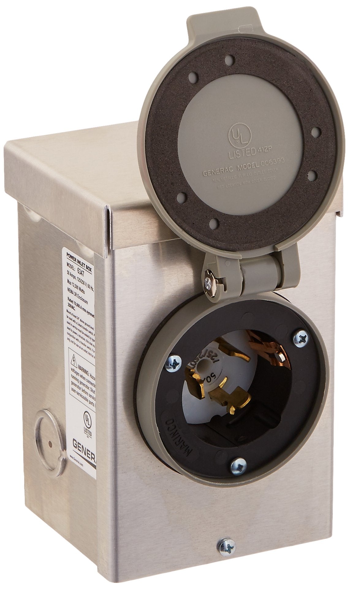 50-Amp Generac 6347 125/250V Aluminum Power Inlet Box - Weather-Resistant Outdoor Generator Connection, Silver