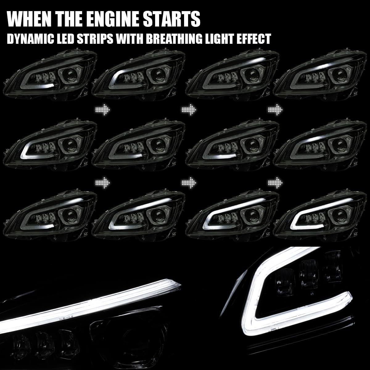 Black Smoke SPEC-D TUNING Full LED Projector Headlights w/Sequential Turn Signal Compatible with 2008-2011 Mercedes Benz W204 C-Class, Left + Right Pair Headlamps Assembly
