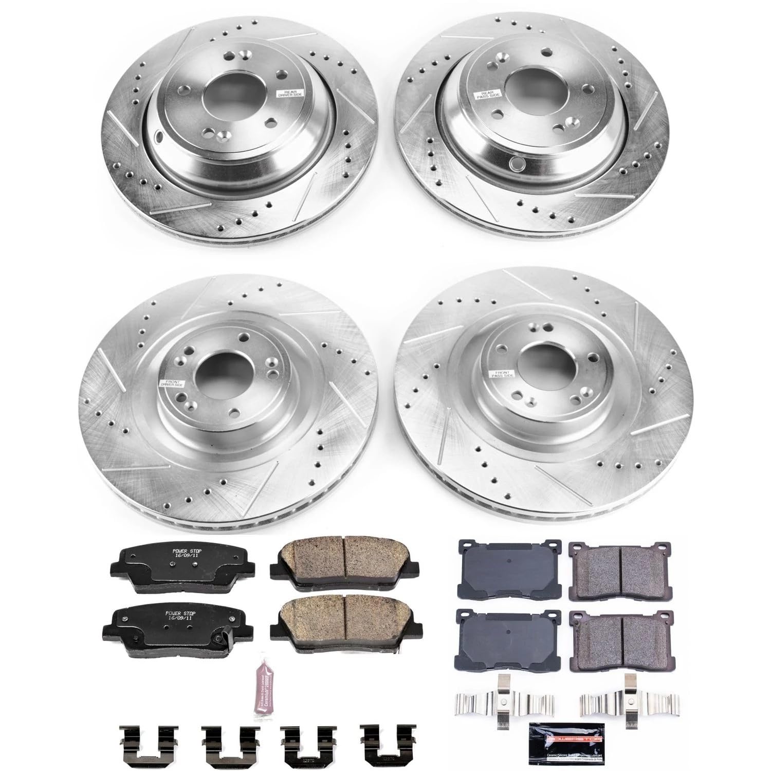 Power Stop K7342 Z23 Carbon Fiber Brake Pads Front and Rear with Drilled & Slotted Brake Rotors Kit For Hyundai Equus 2012-2016 | Kia K900 2015-2017 [Vehicle Specific]