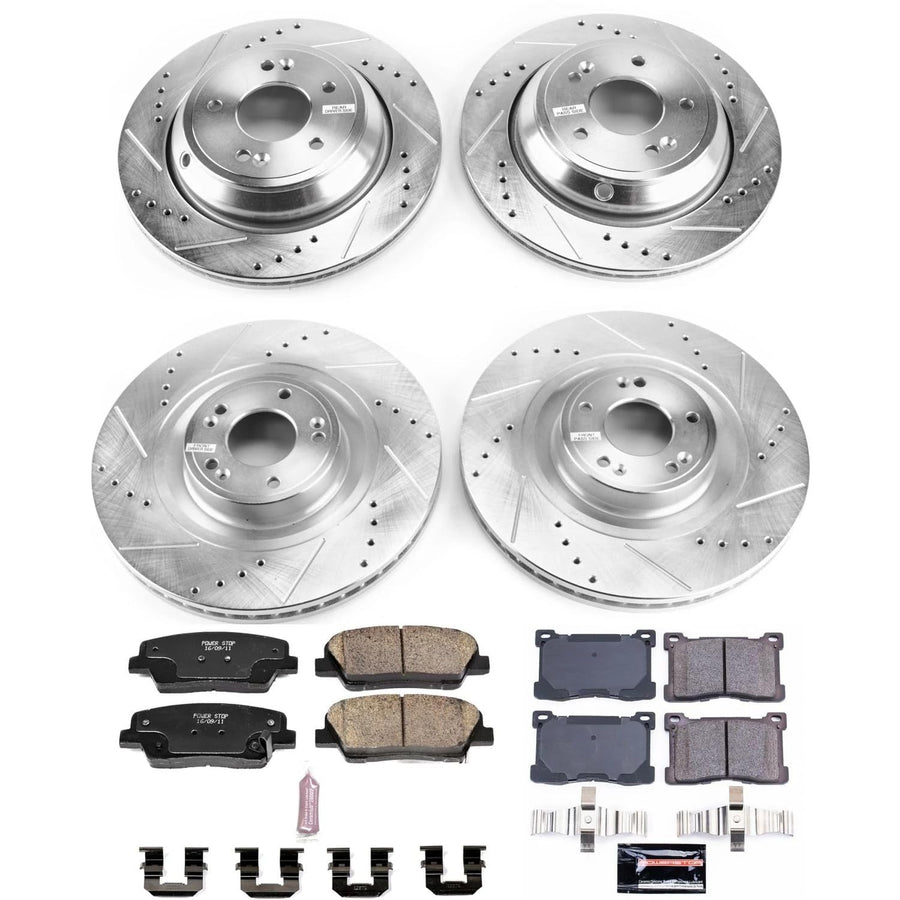 Power Stop K7342 Z23 Carbon Fiber Brake Pads Front and Rear with Drilled & Slotted Brake Rotors Kit For Hyundai Equus 2012-2016 | Kia K900 2015-2017 [Vehicle Specific]