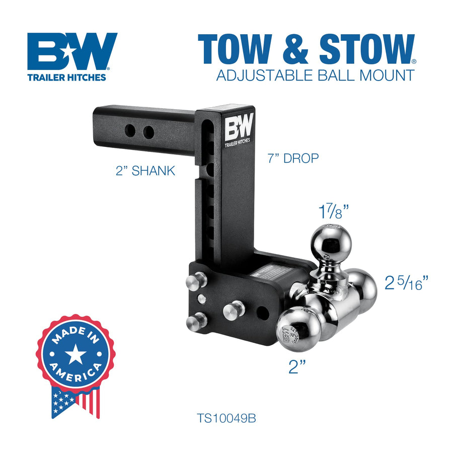 Tow & Stow B&W Trailer Hitches Adjustable Trailer Hitch Ball Mount - Fits 2" Receiver, Tri-Ball (1-7/8" x 2" x 2-5/16"), 7" Drop, 10,000 GTW - TS10049B