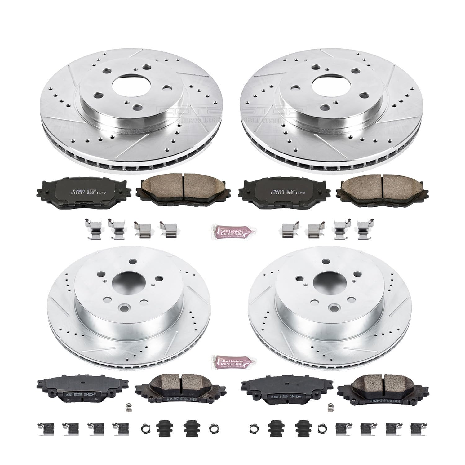 Power Stop K6987 Z23 Carbon Fiber Brake Pads Front and Rear with Drilled & Slotted Brake Rotors Kit For Lexus IS250 2014-2015 [Model Specific]