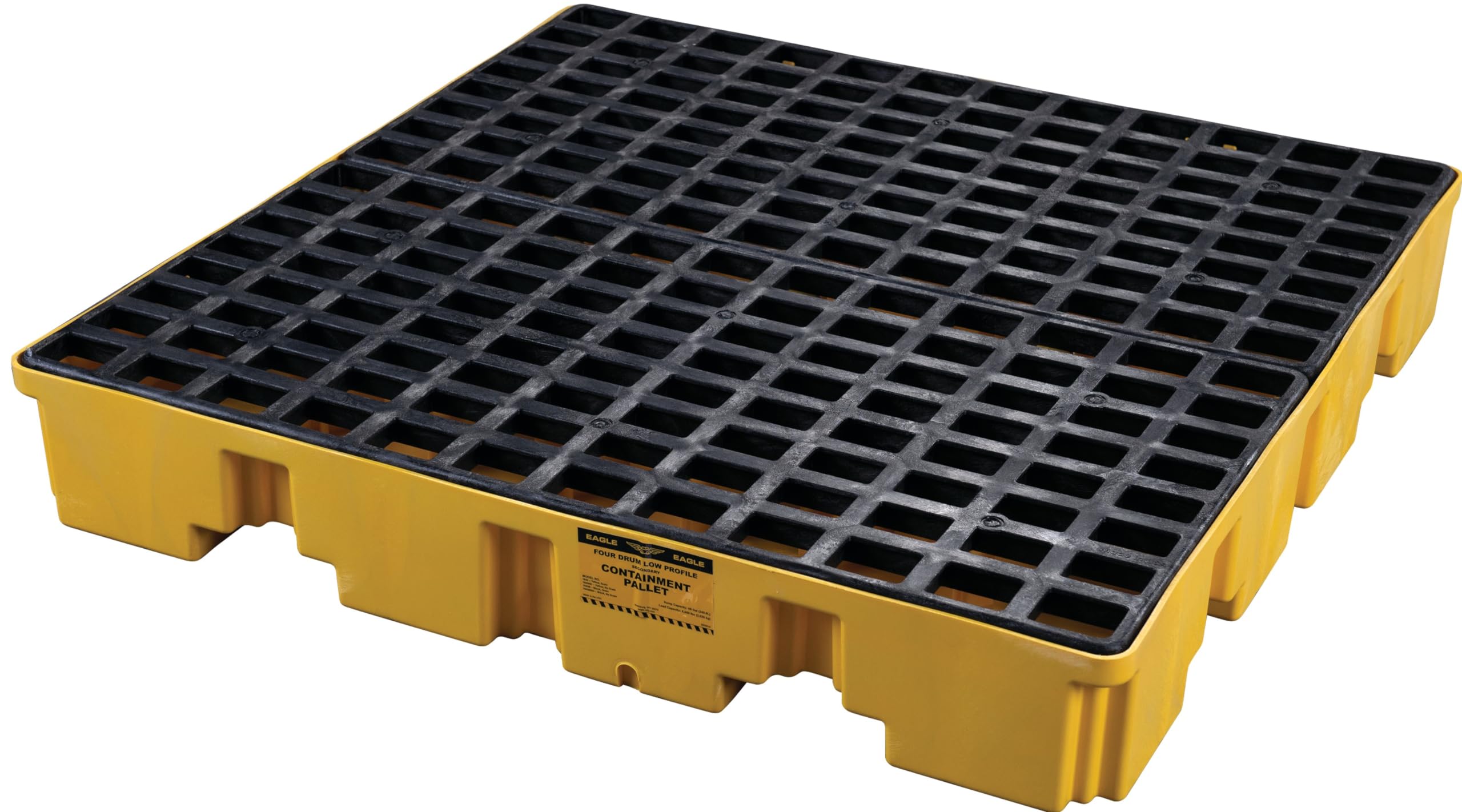 4 Eagle Drum Spill Containment Pallet with Forklift Pockets, 51.5"x51.5"x8", 66 Gallon Sump, 8,000 lbs. Load Capacity Secondary Containment Pallet, Made in USA, Yellow, 1645ND