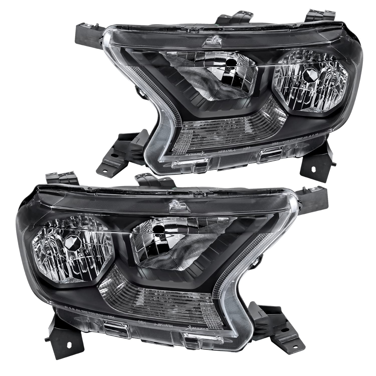 Clear Lens Black Housing Headlights Compatible with Spec-D Tuning Ford Ranger XL/XLT 2019-2022, L+R Pair Head Lights Lamps