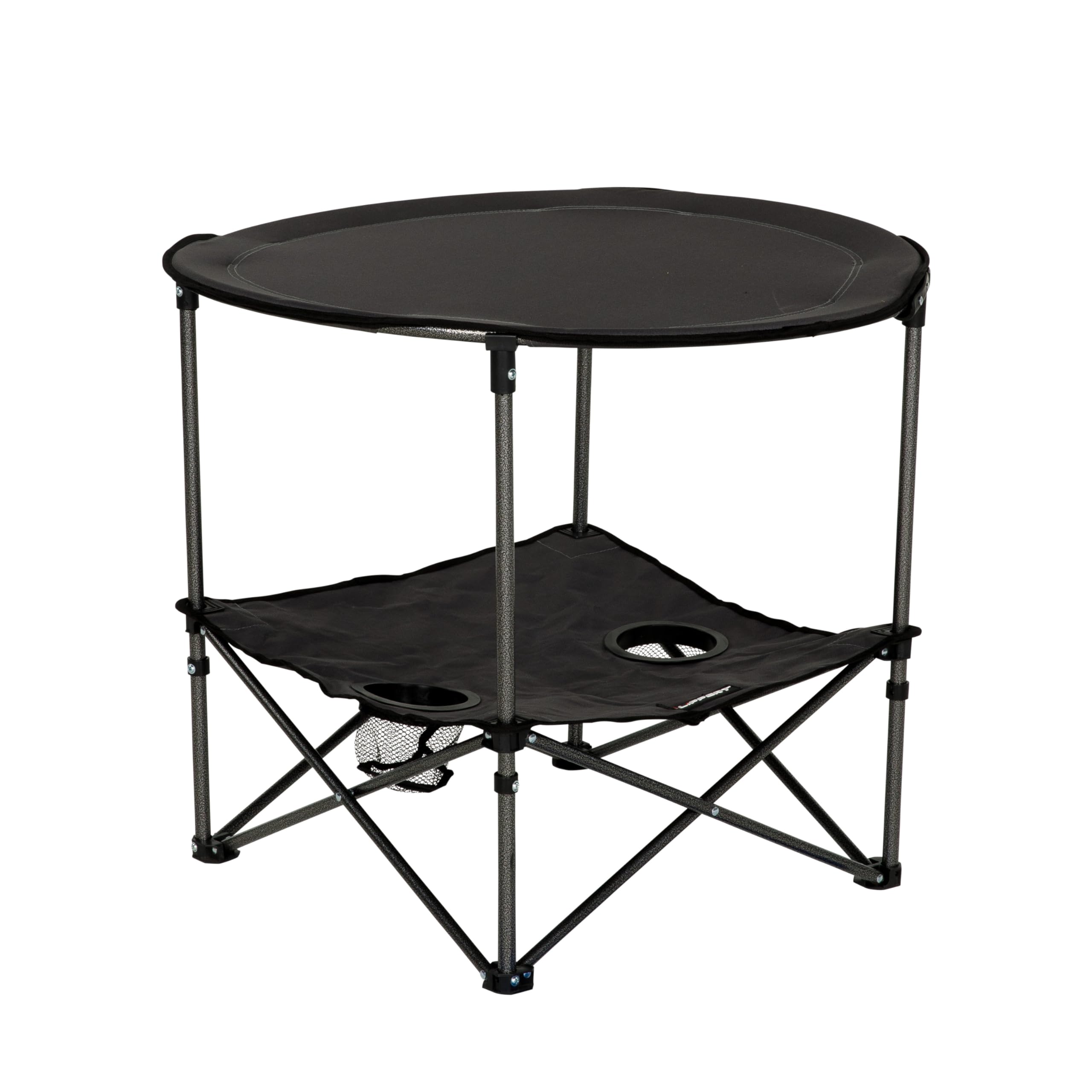 Dark Grey Lippert Two-Tier Folding Camping Table with Dual Cupholders, 600D Polyester Fabric, Powder-Coated Steel Frame, Foldable Design, Lightweight Construction, Zippered Carry Bag - 2023053720