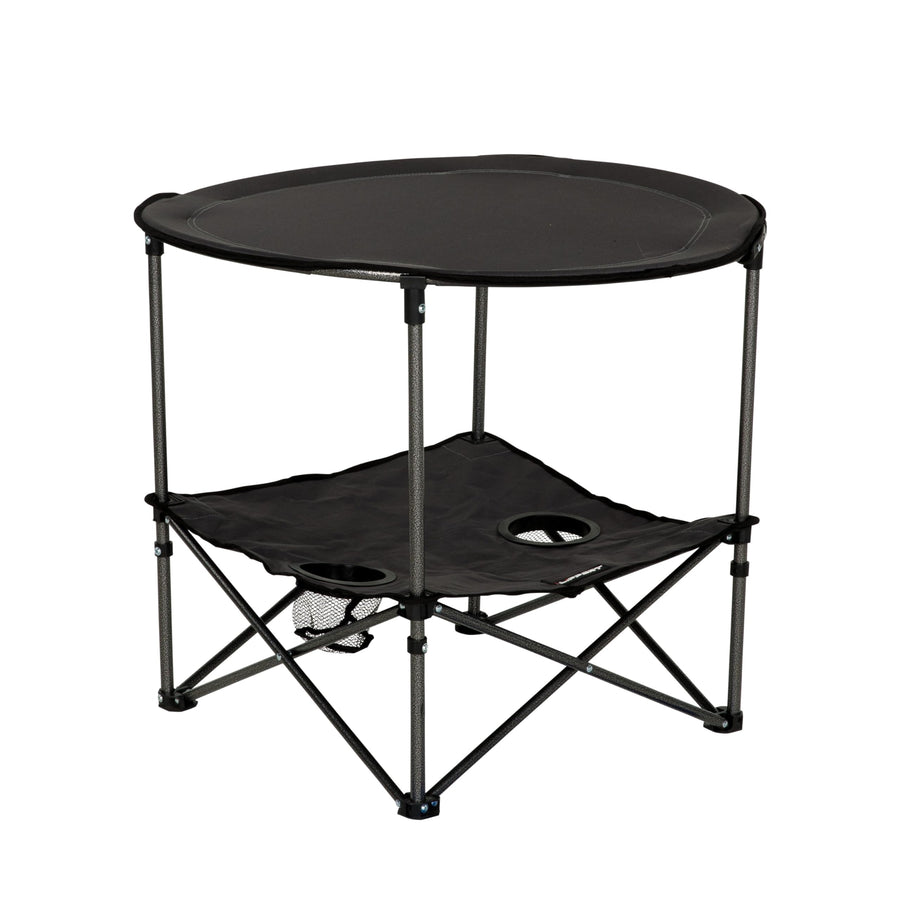 Dark Grey Lippert Two-Tier Folding Camping Table with Dual Cupholders, 600D Polyester Fabric, Powder-Coated Steel Frame, Foldable Design, Lightweight Construction, Zippered Carry Bag - 2023053720