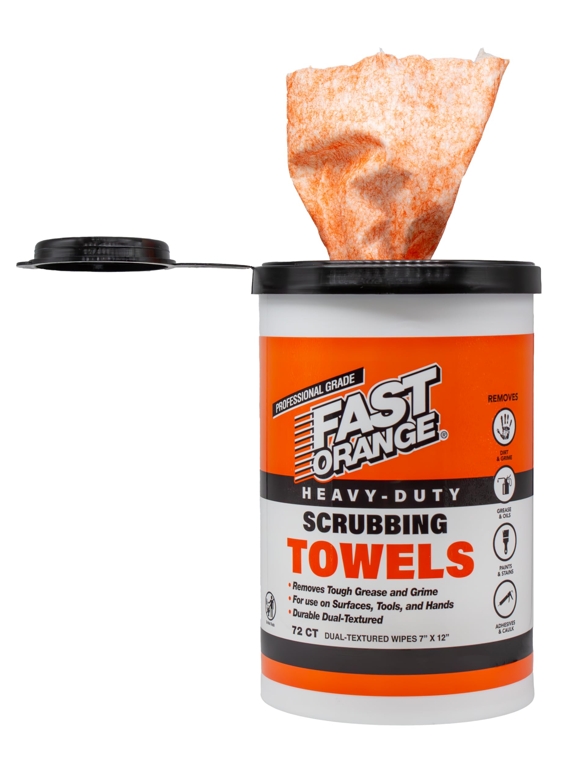 Heavy Duty Fast Orange Scrubbing Towels Removes Tough Grease, Grime, Paint, Resins, Glue and More, for Hands, Tools and Surfaces Without Sticky Residue, 72 ct