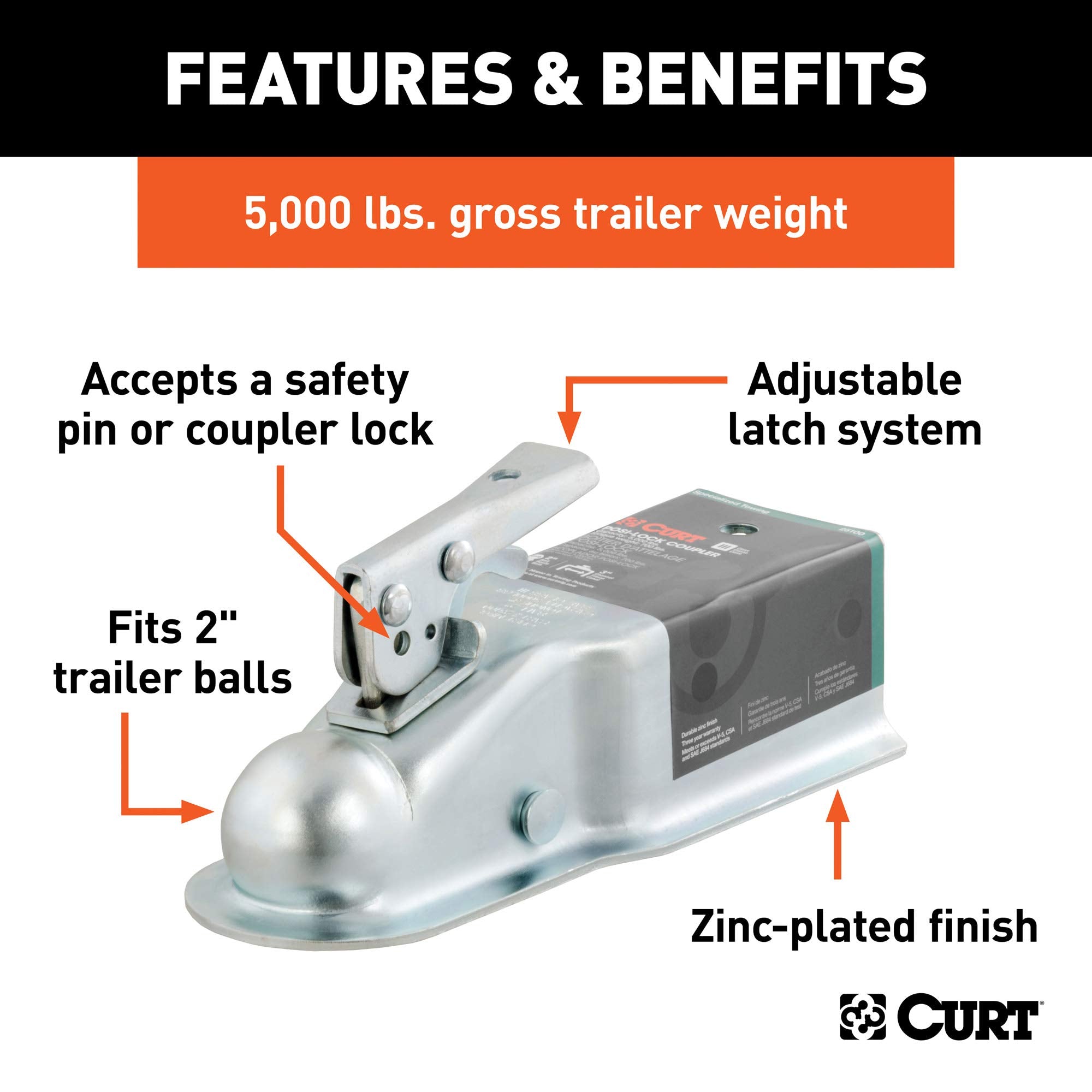 CURT Straight Tongue Trailer Coupler for 2-In Hitch Ball, 3-Inch Channel, 5,000 lbs