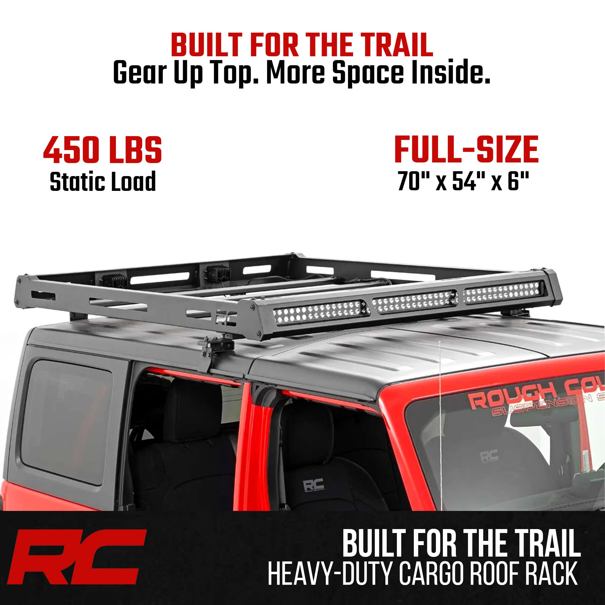 Rough Country Roof Rack for Jeep Wrangler JL (2021–2024) & Unlimited (2018–2025) with LED Lights - Cargo Rack with 50" LED Bar & Dual 2" Flush Mount LEDs, Freedom Top Compatible