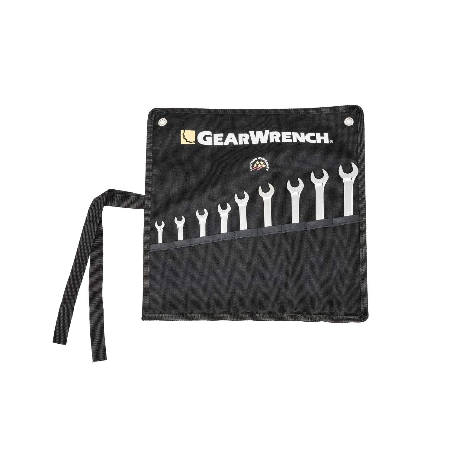 Long Pattern GEARWRENCH Combination Metric Wrench Set with Tool Roll 9 Pc., 12 Point - 81932
