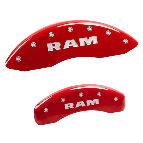 Caliper Covers MGP Compatible with 2011-2018 RAM 1500, 2019-2024 1500 Classic, 2013-23' 1500 Eco Diesel (Fits 18"+ Wheels) Powder-Coated Finish, 4 PCS Front and Rear (Red - RAM Engraving)