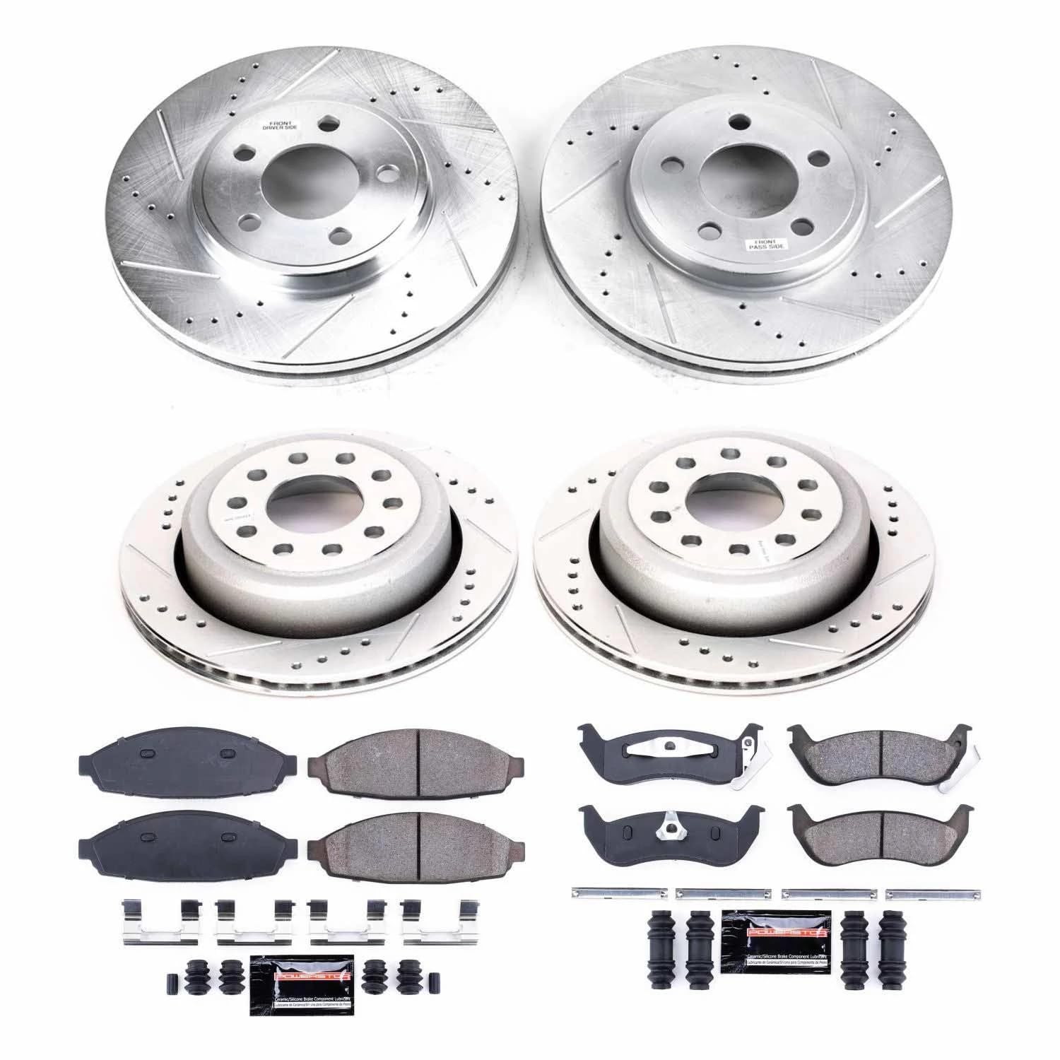 Power Stop K4486 Z23 Carbon Fiber Brake Pads Front and Rear with Drilled & Slotted Brake Rotors Kit For Lincoln Town Car 2003-2011 [Model Specific]