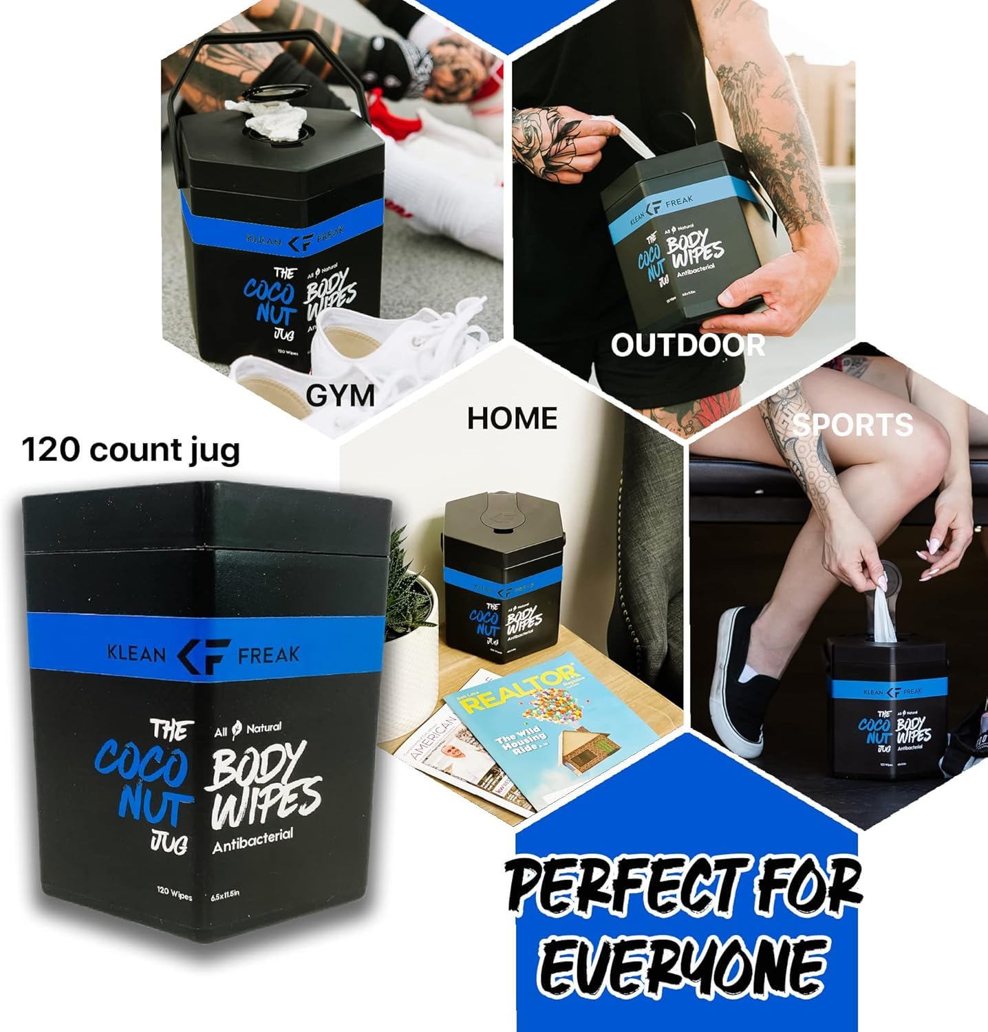 Klean Freak Body Wipes - Wipe Away Sweat and Odor for Face and Body, No Water, Large Textured, Travel, Gym, Camping and More, 120 Cnt Jug (Coconut)