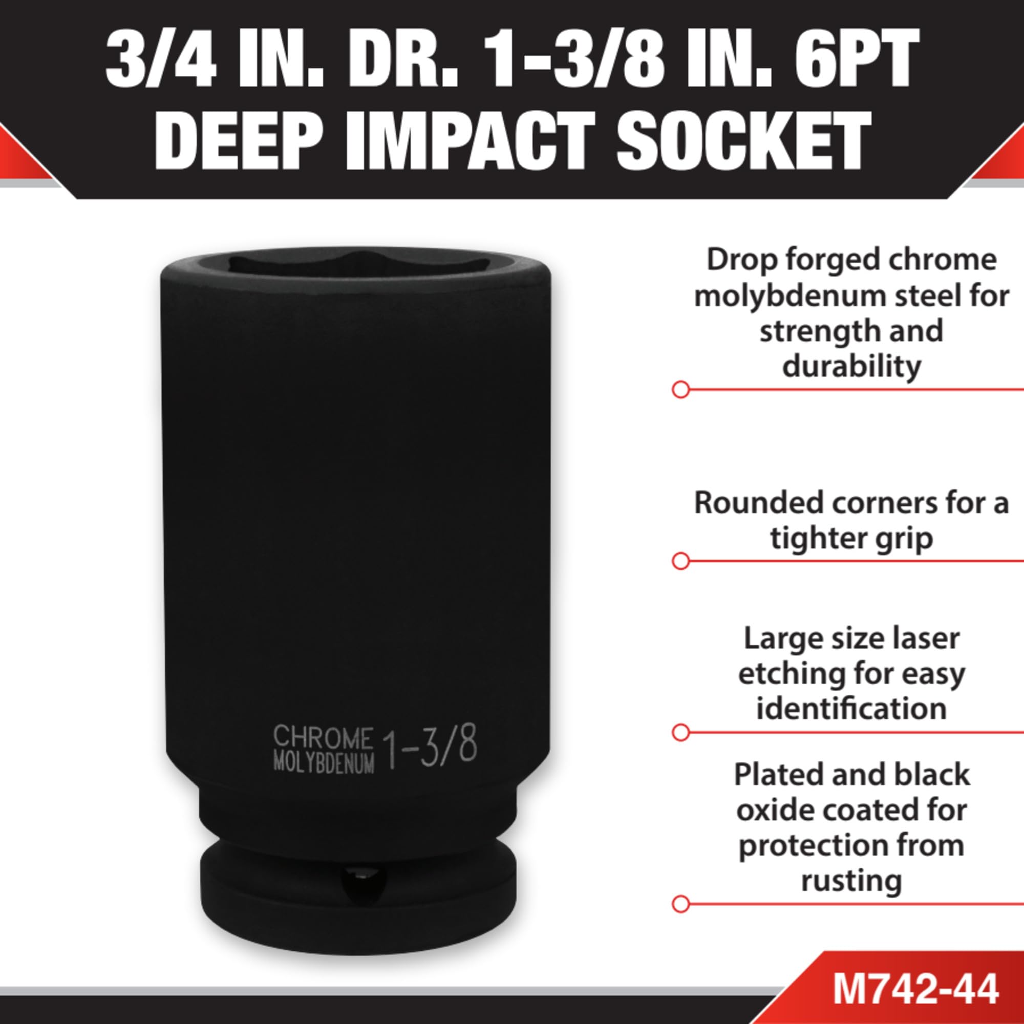 M742-44 Performance Tool 3/4-Inch Drive 1-3/8-Inch Deep Wall Impact Socket for Heavy-Duty Mechanics and Automotive Enthusiasts
