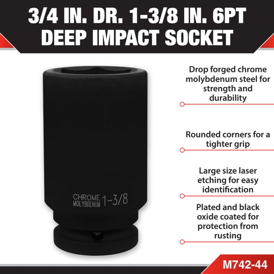 M742-44 Performance Tool 3/4-Inch Drive 1-3/8-Inch Deep Wall Impact Socket for Heavy-Duty Mechanics and Automotive Enthusiasts