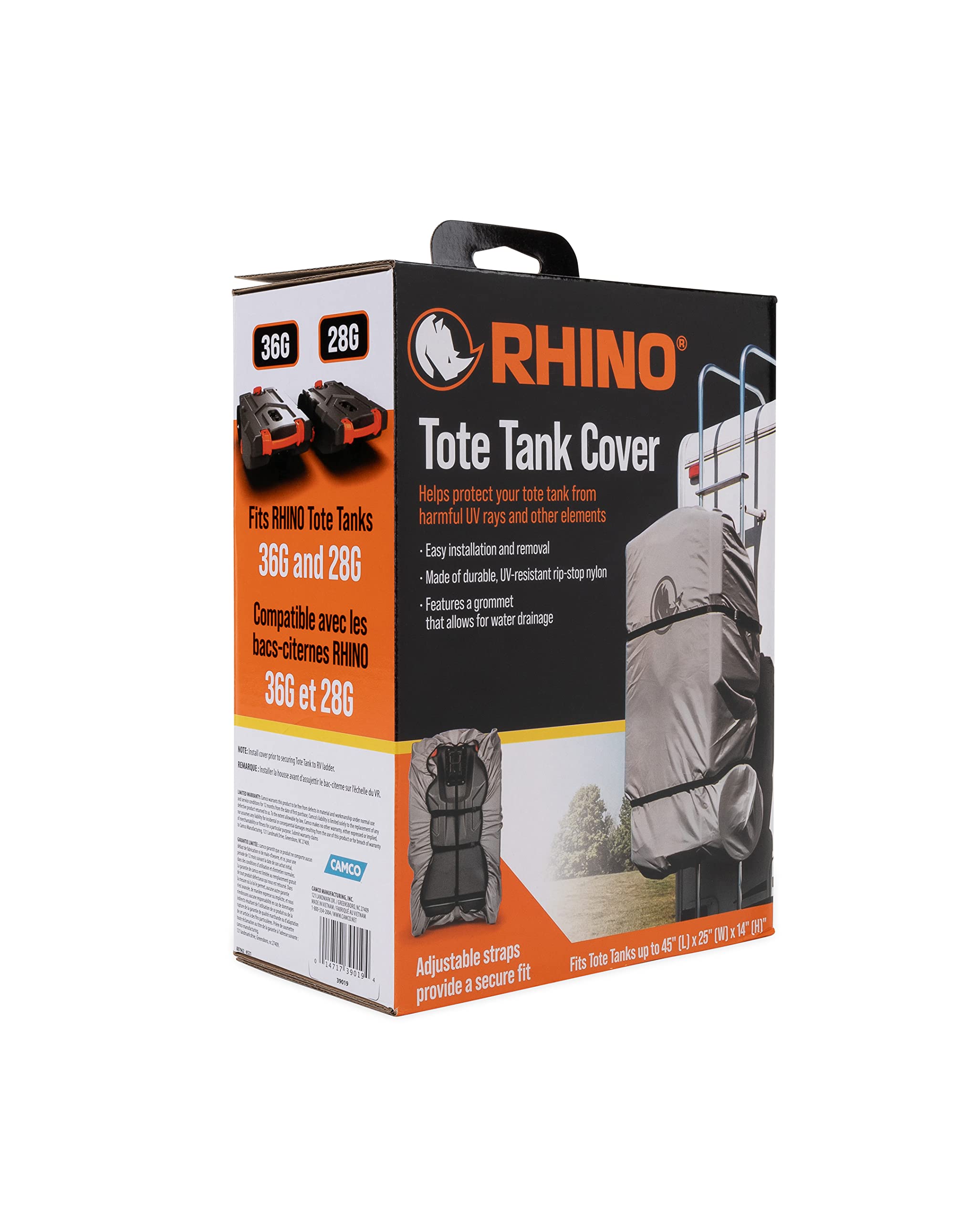 Camco Rhino Tote Tank Cover RV - Fits Tote Tanks Up to 45" (L) x 25" (W) x 14" (H) - Compatible w/28 & 36-Gallon Rhino Tote Tanks (39004 & 39006) - Gray, Nylon (39019)