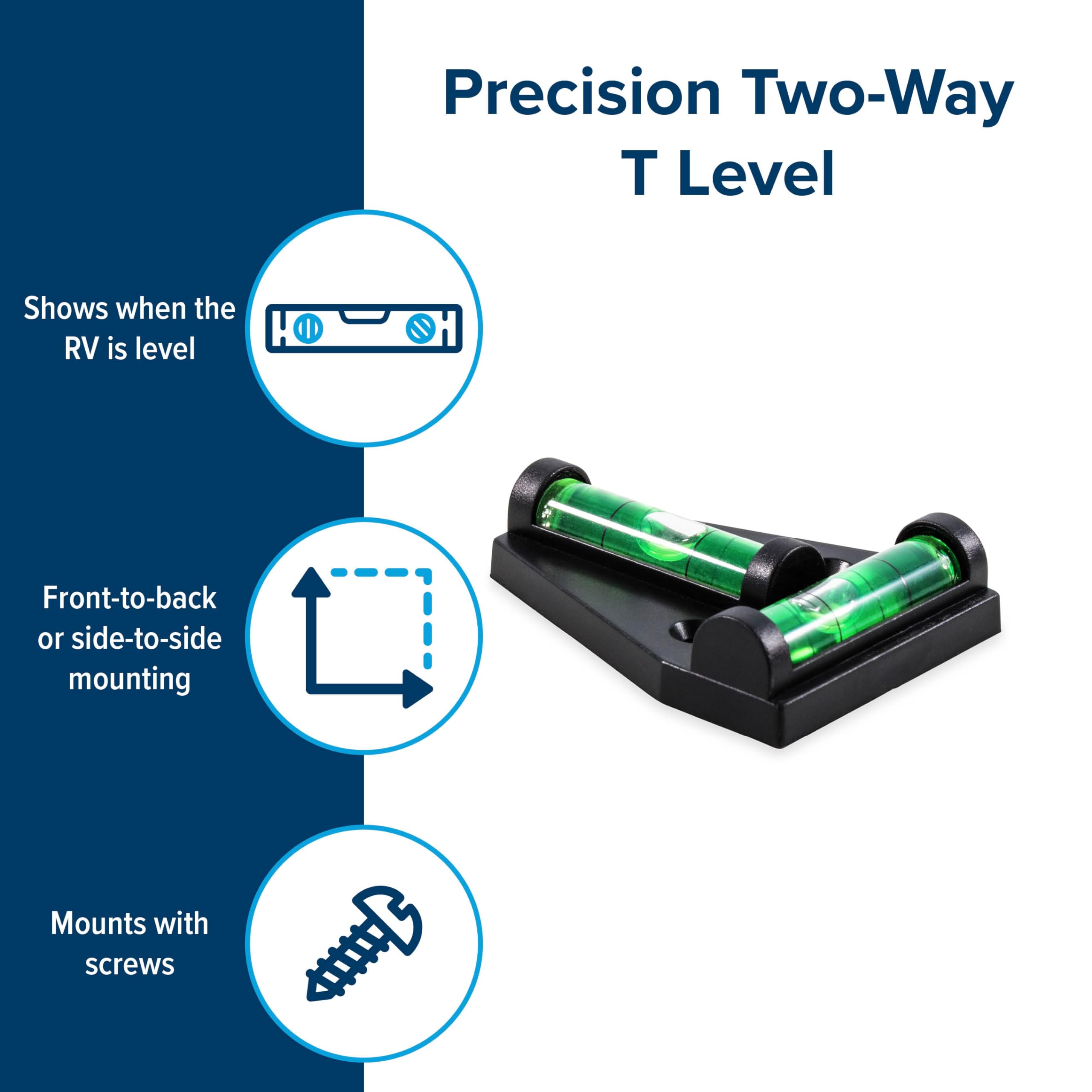 Camco T Level Camper/RV - Features Front to Back/Side to Side RV Leveling - Easy Install w/Screws or Adhesive Tape - Measures 1.625” x 2.25” x 0.56” (25543)