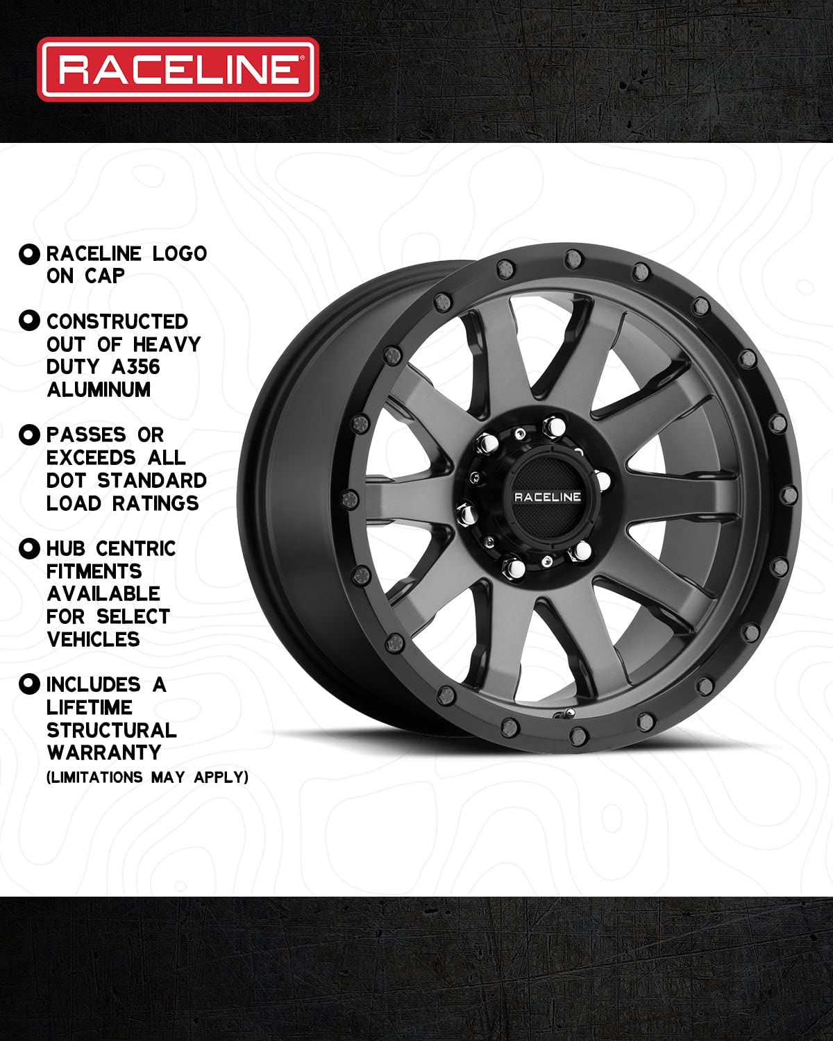 Gunmetal Raceline Wheels 934G CLUTCH Wheel 20X10"6X135 Bolt Pattern -19mm Offset/(4.75"B/S) 10 Spoke Aluminum Passenger Car Wheels, Full Size Replacement Gunmetal Car Rims