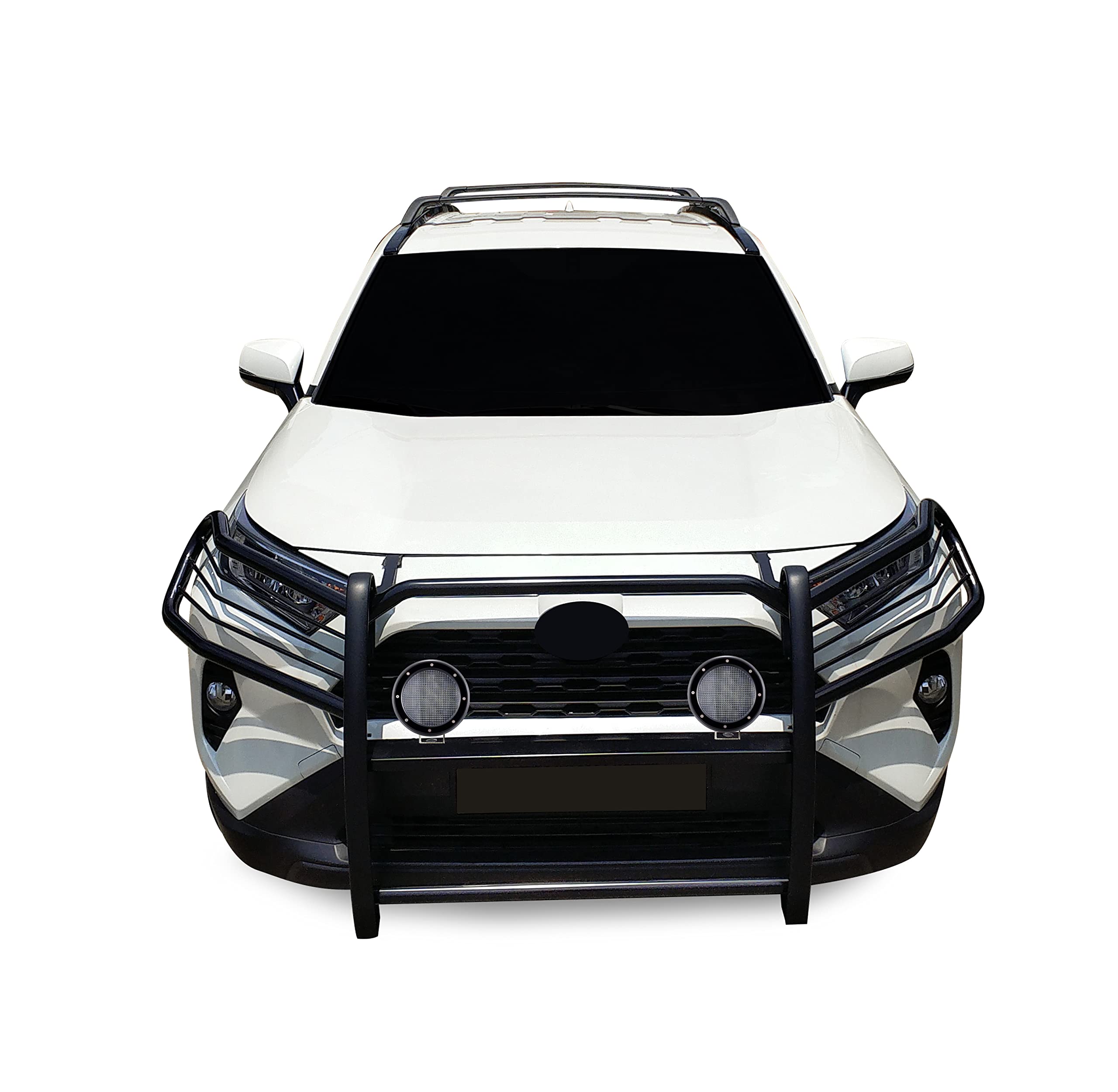 Grille Brush Black Horse Bumper Guard Modular Black Come with Pair of 5.3" Dia.LED Lights with Black Trim Rings Compatible with 2019-2024 Toyota RAV4-17A093904MA-PLFB