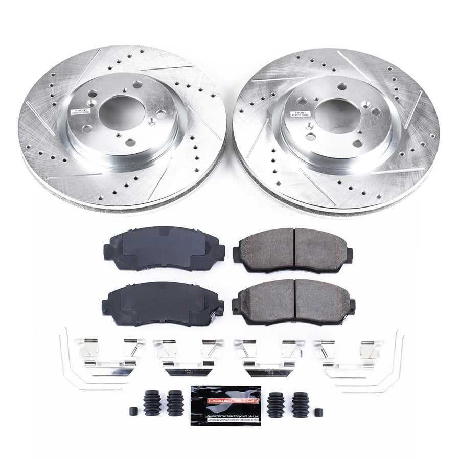 Power Stop K5857 Z23 Carbon Fiber Brake Pads Front with Drilled and Slotted Brake Rotors Kit For 2011 2012 2013 2014 Honda Odyssey