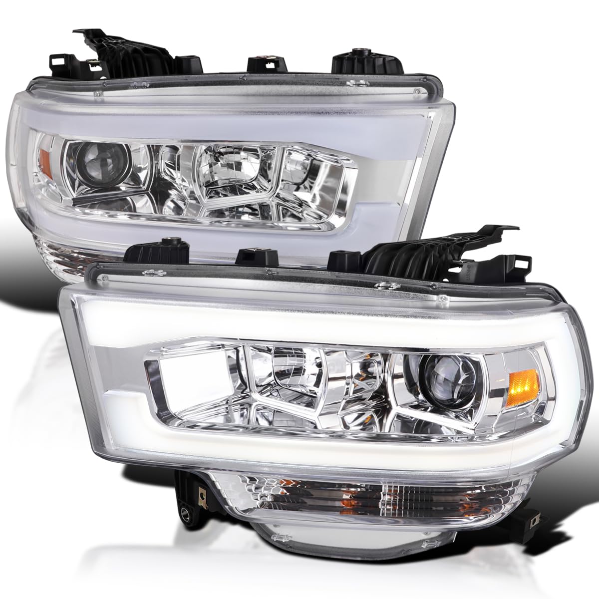 Chrome Projector Headlights w/LED Bar SPEC-D TUNING Compatible with 2019-2024 Dodge Ram 2500, 3500, 4500, Left + Right Pair Headlamps Assembly
