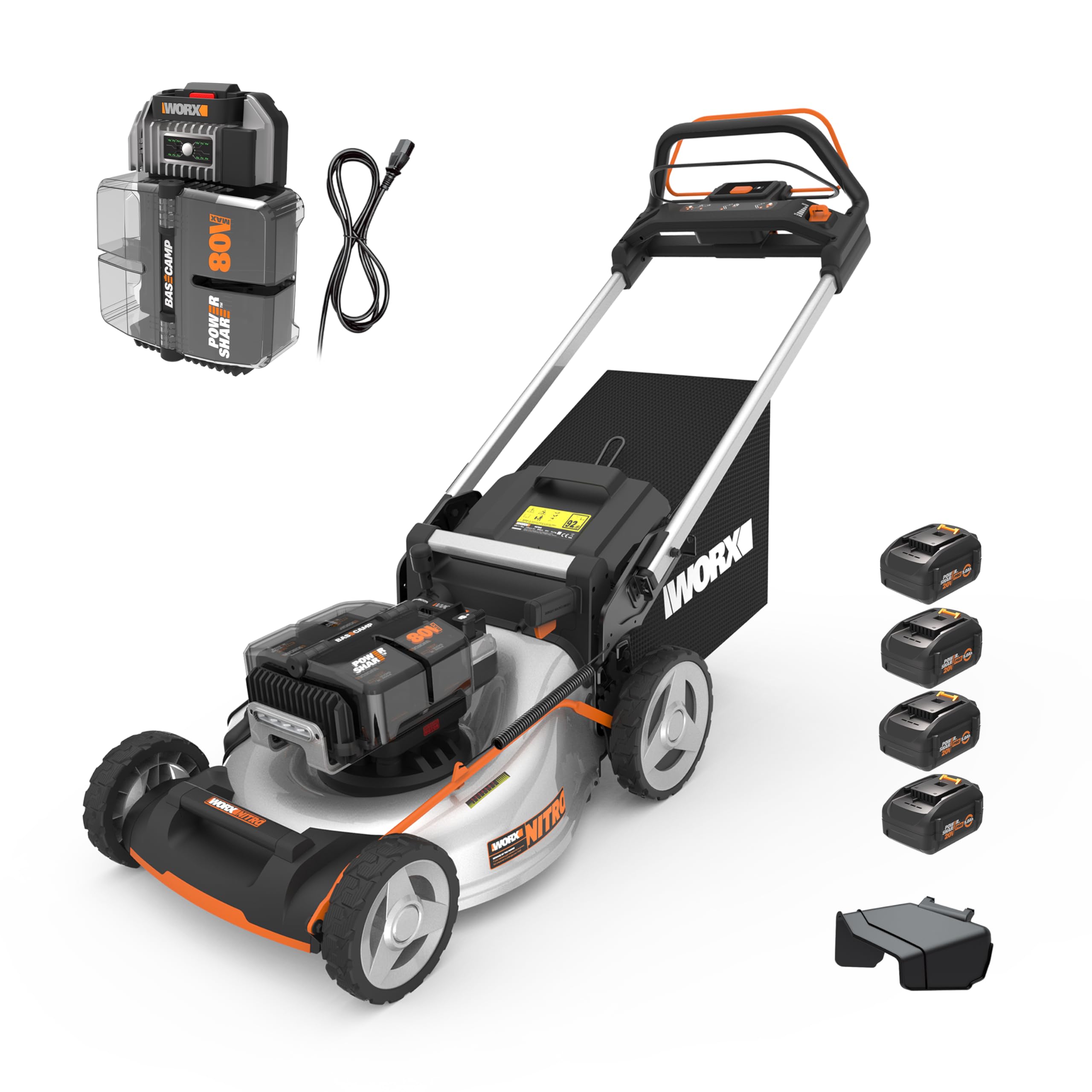 Worx 80V Nitro 21" Cordless Lawn Mower, 3 in 1 Electric Mower with Brushless Motor, Self-Propelled Lawn Mower for 1 Acre, 4 × 5.0 Ah Batteries & Charger Included, WG761