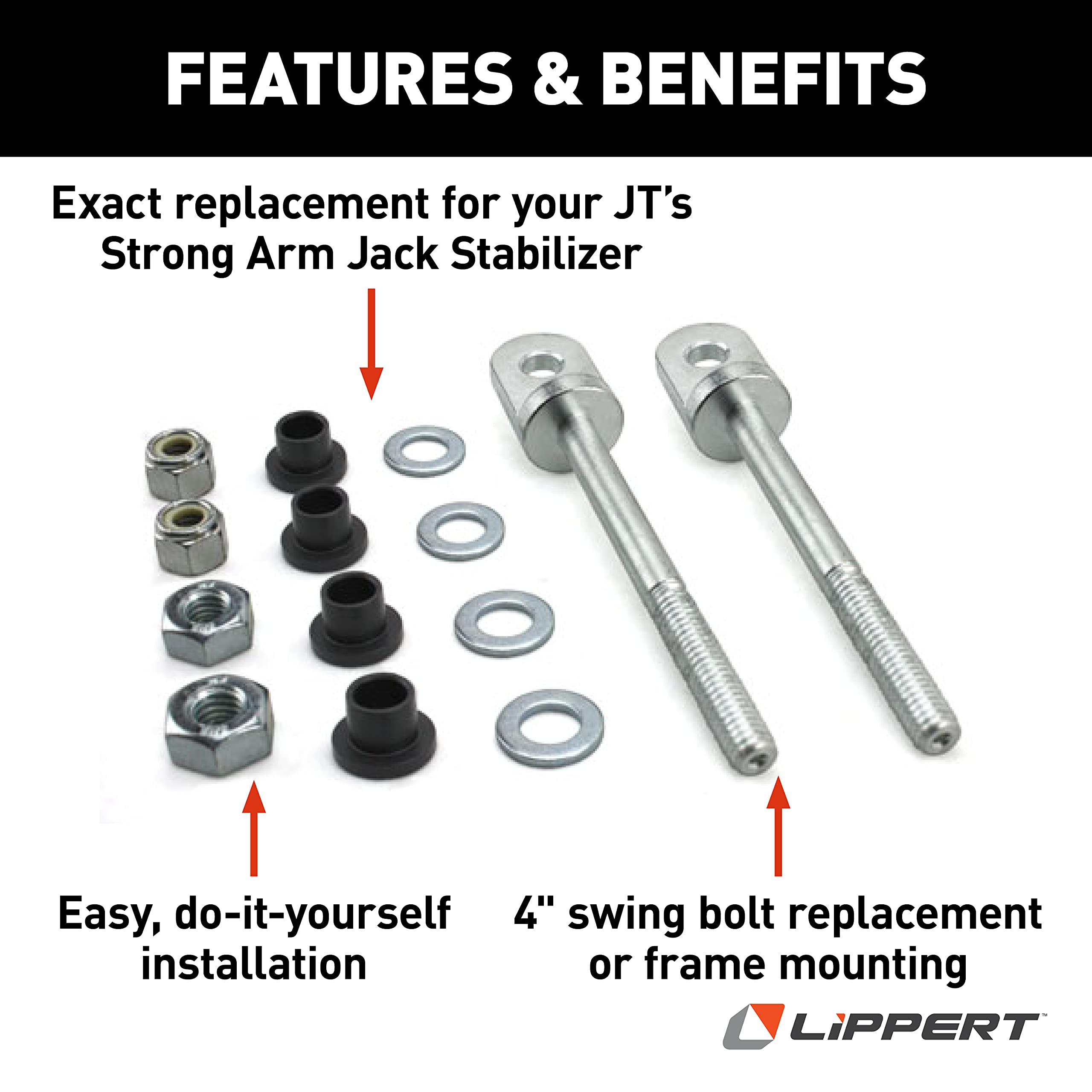 4" Swing Bolt Kit JT's Strong Arm Replacement RV Jack Stabilizer with 2 Swing Bolts, 4 Washers, 2 Nuts, Secure, Stable RV Leveling, Easy Installation - 314596