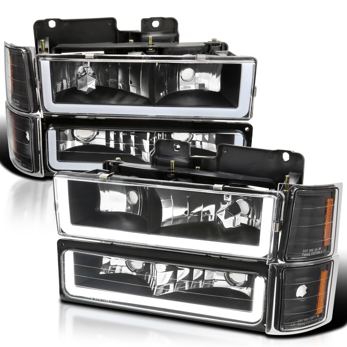 Black Headlights + Bumper Lights + Corner Lights w/LED Tube SPEC-D TUNING Compatible with 1994-1998 Chevy C10 C/K 1500/2500/3500, Left + Right Pair Headlamps Assembly