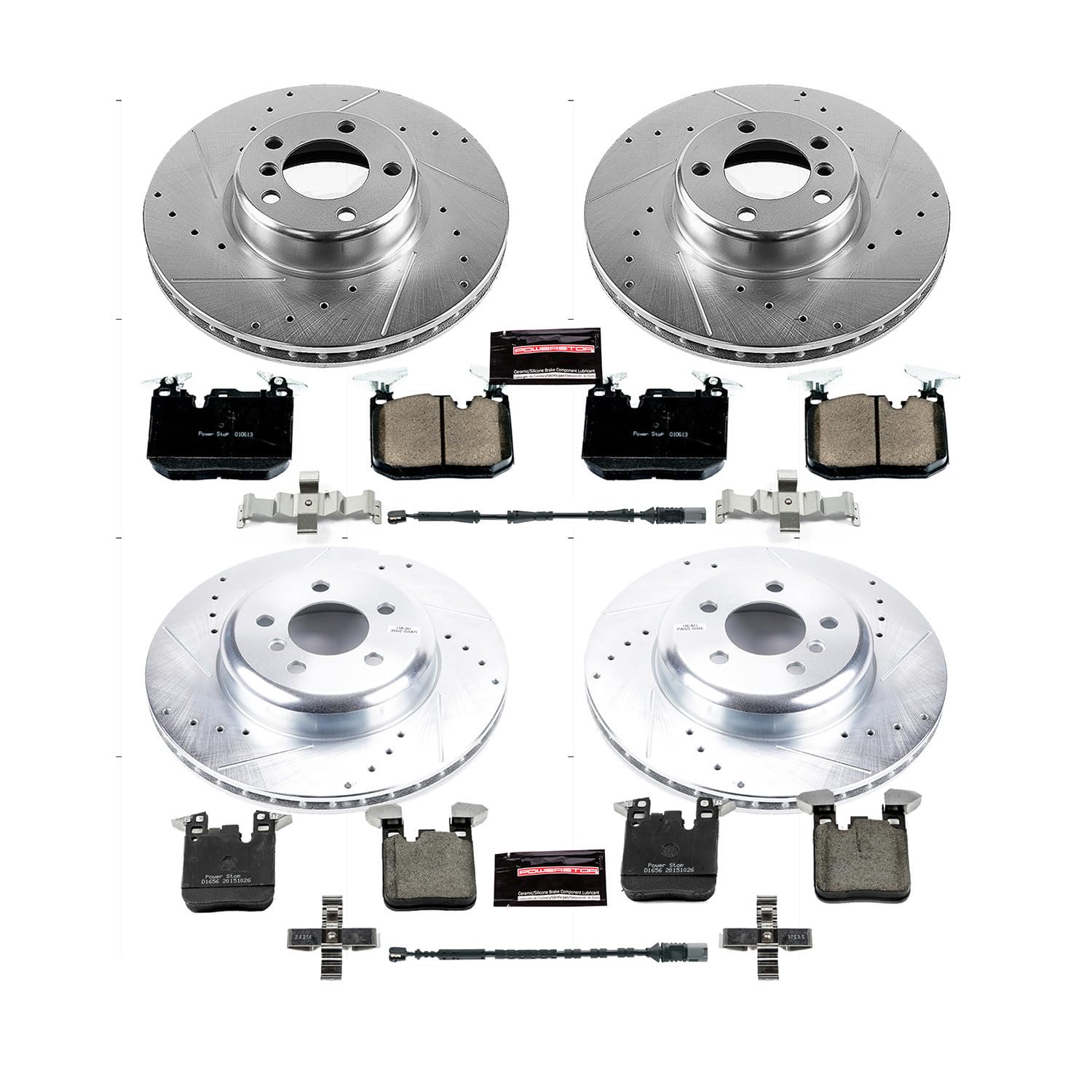 Power Stop K7547 Z23 Carbon Fiber Brake Pads Front and Rear with Drilled & Slotted Brake Rotors Kit and 1 Front & 1 Rear Sensor Wires