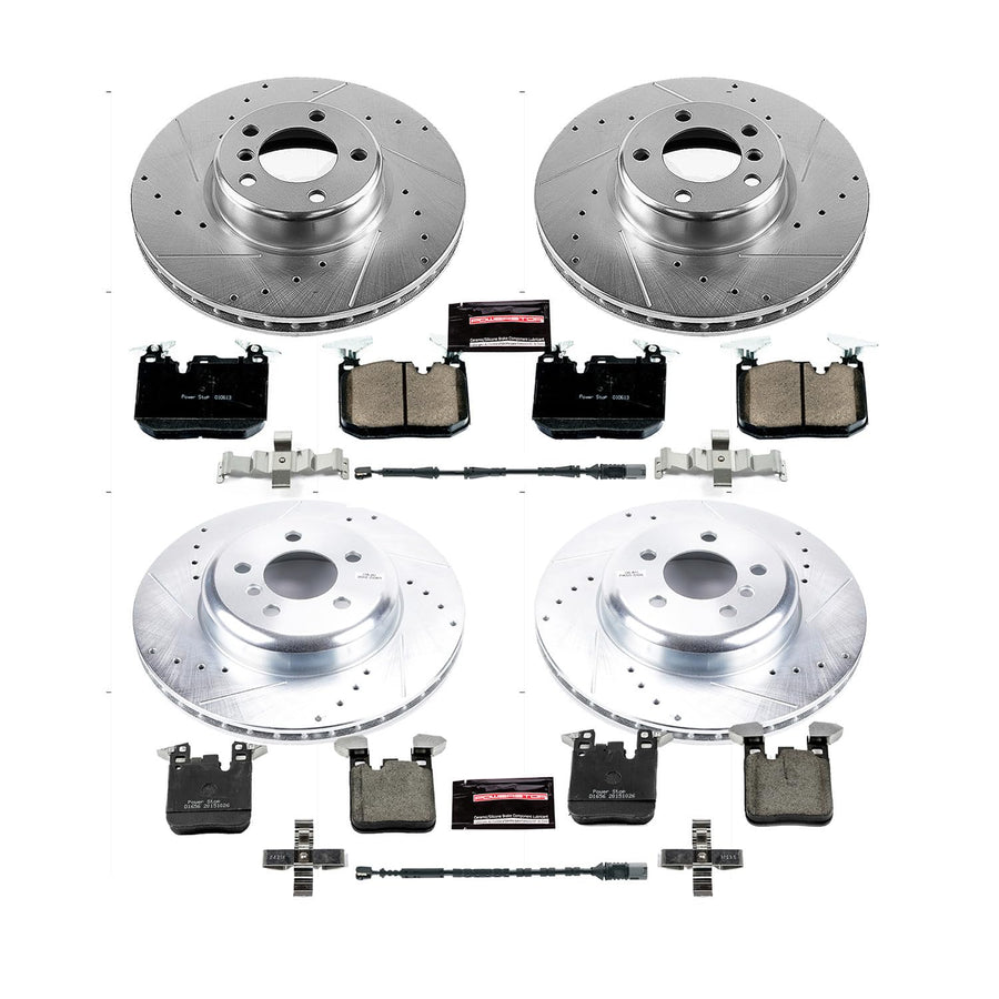 Power Stop K7547 Z23 Carbon Fiber Brake Pads Front and Rear with Drilled & Slotted Brake Rotors Kit and 1 Front & 1 Rear Sensor Wires