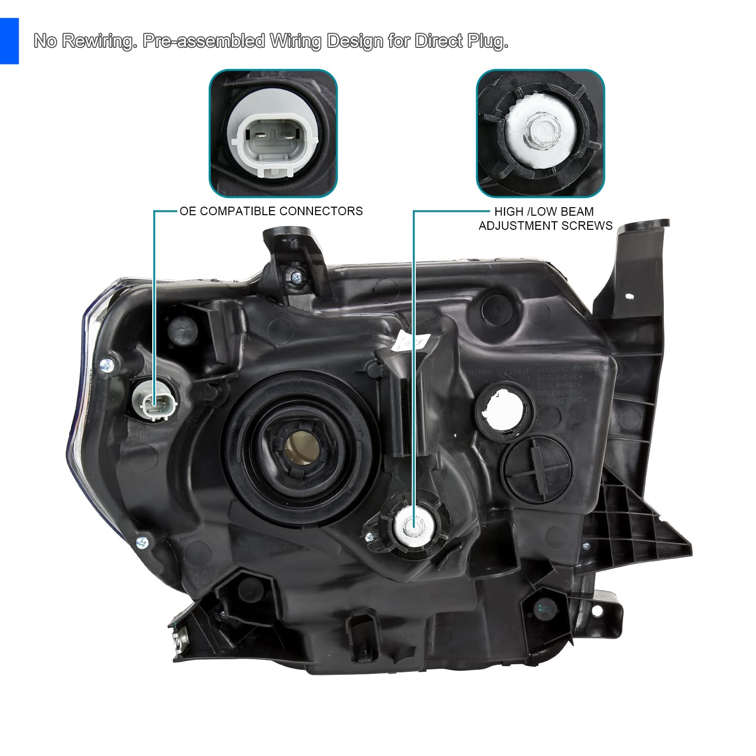 Black Headlights w/LED Tube SPEC-D TUNING Compatible with 2014-2021 Toyota Tundra, Left + Right Pair Headlamp Assembly