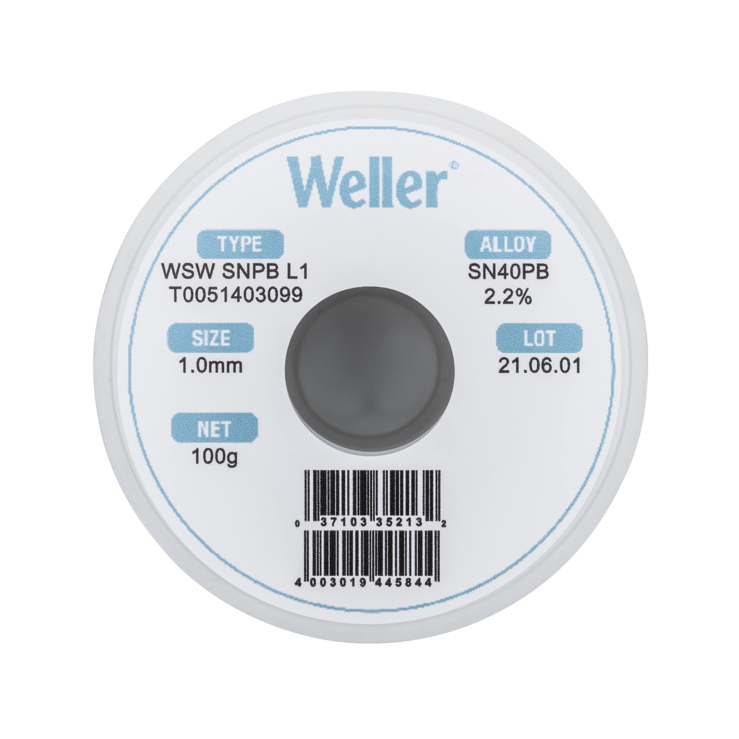 Weller SnPb WSW (T0051403099) Solder Wire, Dia: 1.0 mm / 0.039 in, Wt: 100 g / 3.527 oz, Alloy Sn60Pb40, Flux content 2.2%