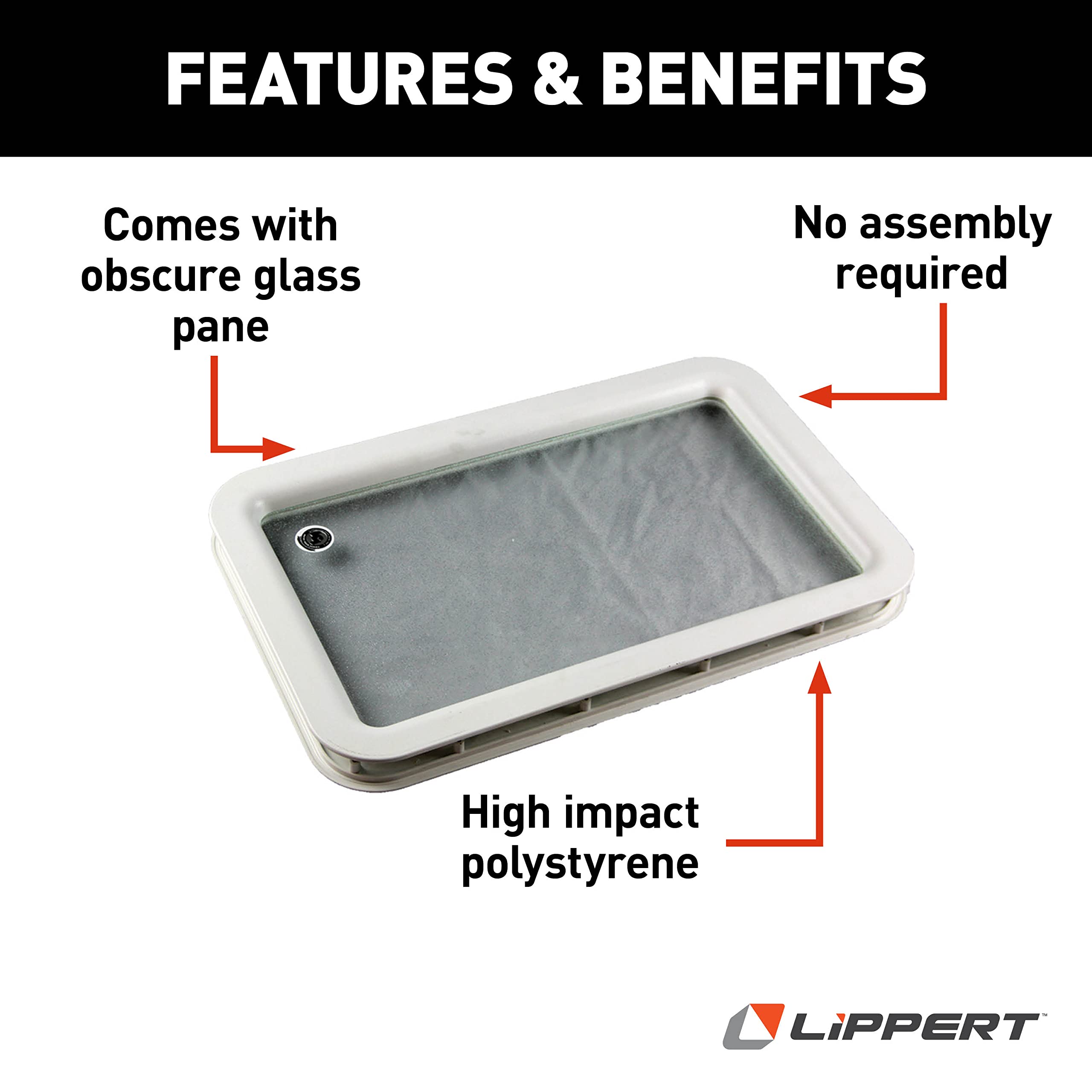 Lippert Components RV Entry Door Replacement Inner & Outer Radius Window Frame, White, with Seal and Glass for 5th Wheel RVs, Travel Trailers and Motorhomes, Obscure Pane, High-Impact Polystyrene - 363369