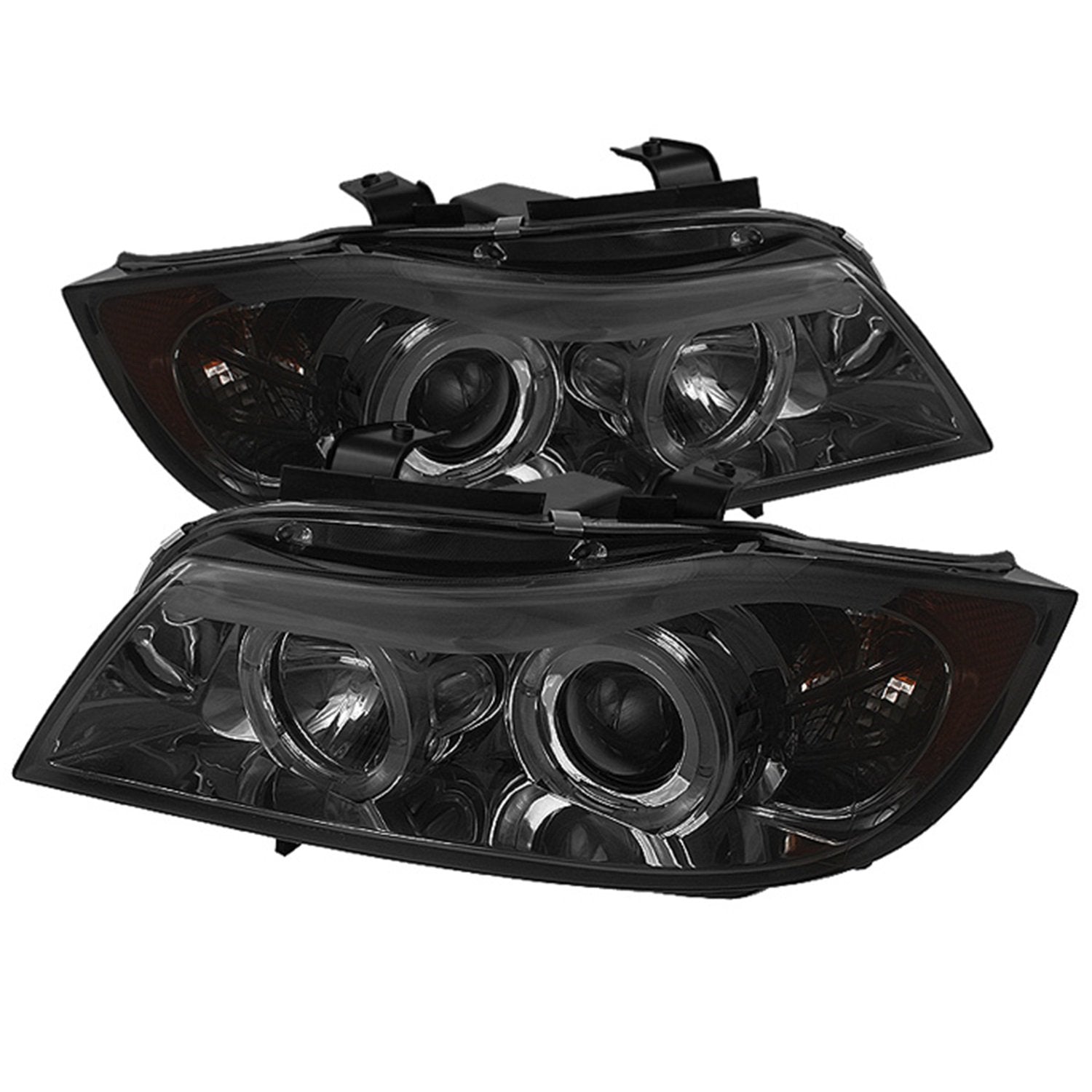 BMW E90 3-Series 06-08 Spyder 5009029 4DR Projector Headlights - LED Halo - Amber Reflector - Replaceable Eyebrow Bulb - Smoke- High H1 (Included) - Low H7 (Included)