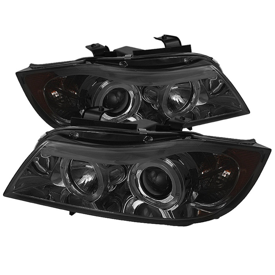 BMW E90 3-Series 06-08 Spyder 5009029 4DR Projector Headlights - LED Halo - Amber Reflector - Replaceable Eyebrow Bulb - Smoke- High H1 (Included) - Low H7 (Included)