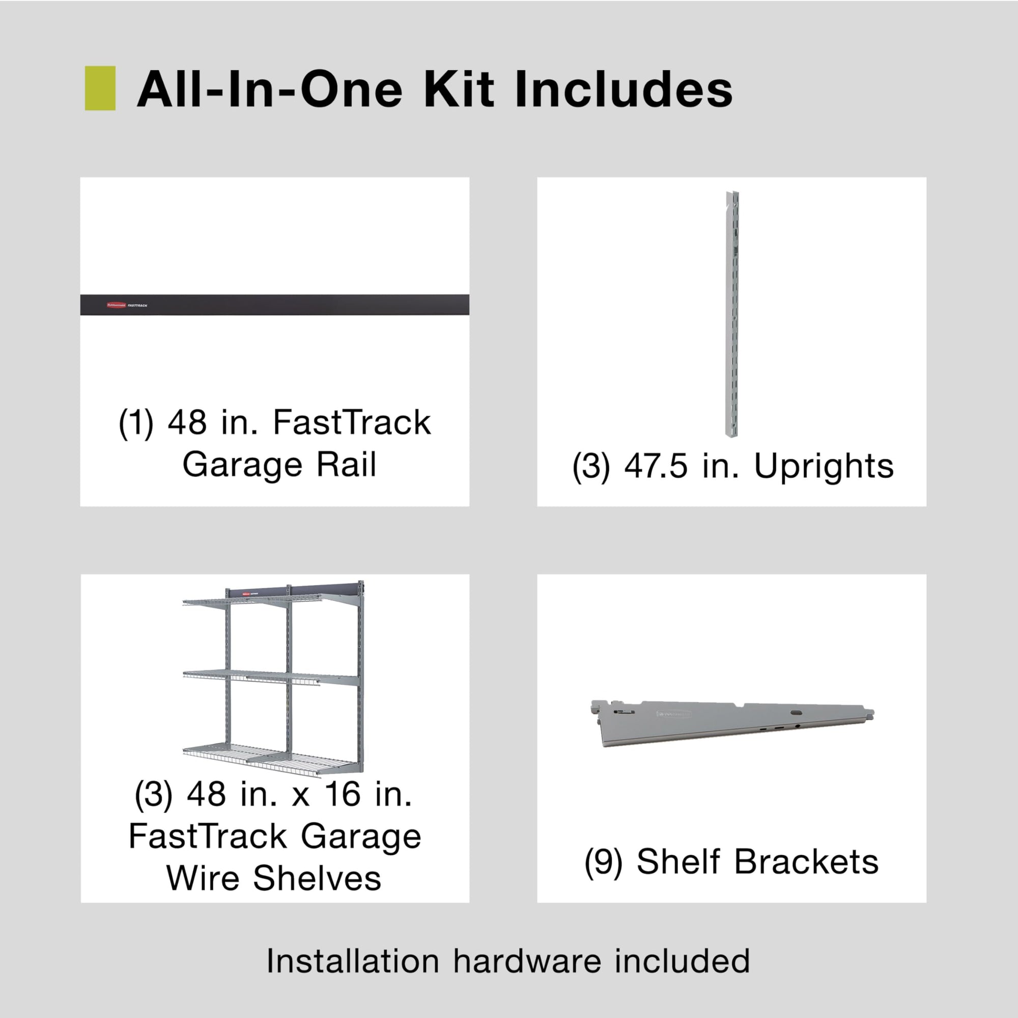 Fasttrack Rubbermaid Rail Storage 48"x16" 3-Shelf Kit, 350 lbs. Per Shelf, for Home/Garage/Shed/Workshop Organization