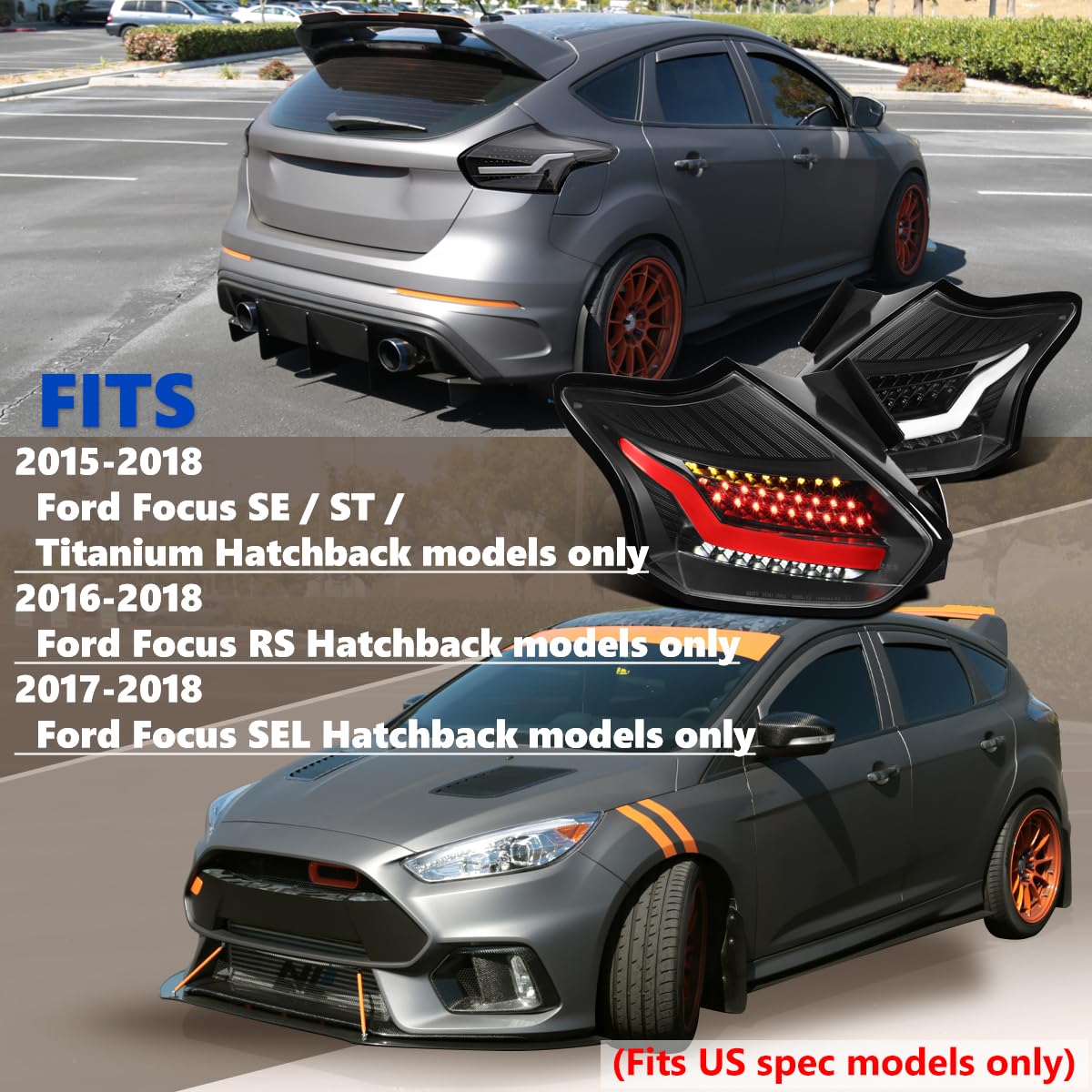 Black LED Bar Tail Lights SPEC-D TUNING Compatible with 2015-2018 Ford Focus SE/ST/Titanium Hatchback, 2016-2018 Ford Focus RS Hatchback, Left + Right Pair Assembly